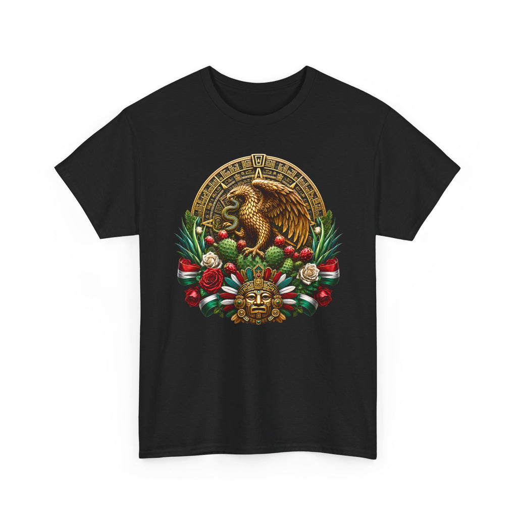 Aztec Eagle Crest T-Shirt — Mexican Heritage Calendar & Floral Graphic Tee