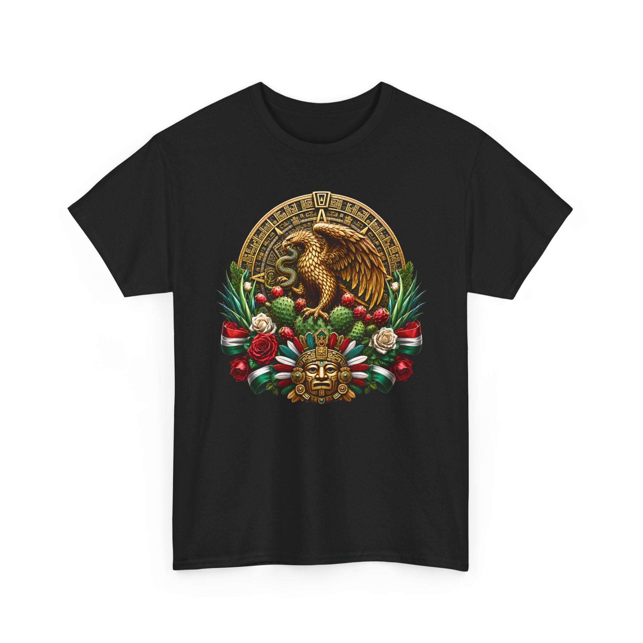 Aztec Eagle Crest T-Shirt — Mexican Heritage Calendar & Floral Graphic Tee