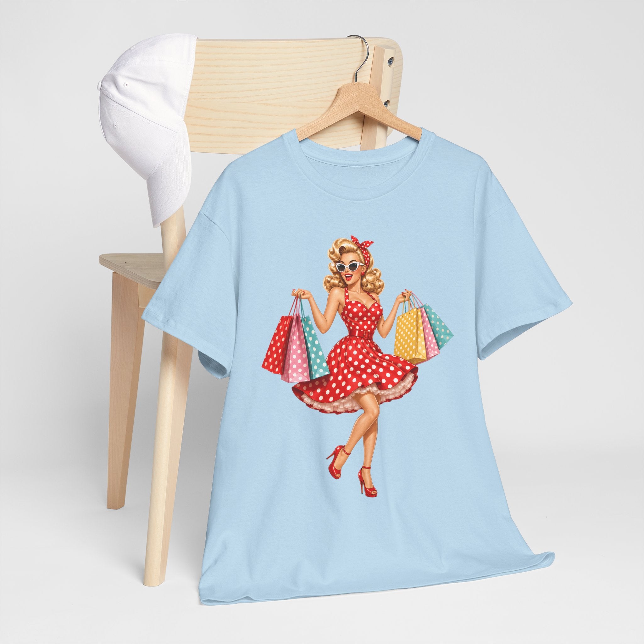 Pinup Shopper Graphic Tee — Retro 1950s Vintage Woman with Shopping Bags