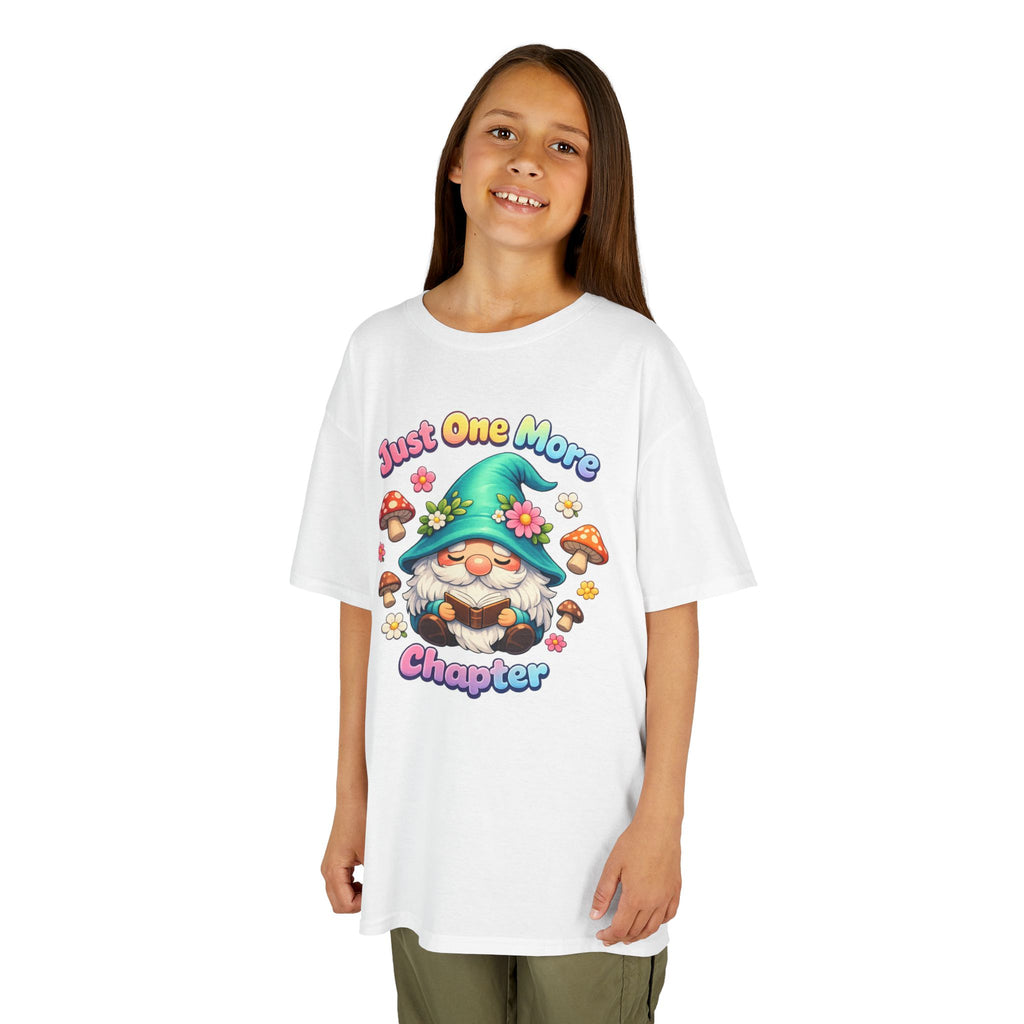 Kids Tee — "Just One More Chapter" Cute Mushroom Gnome Reading Shirt
