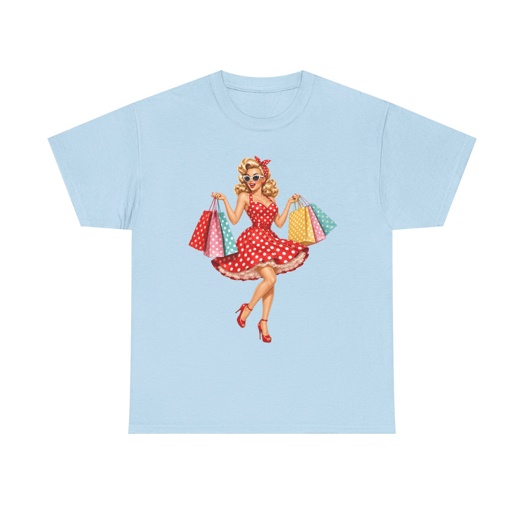Pinup Shopper Graphic Tee — Retro 1950s Vintage Woman with Shopping Bags