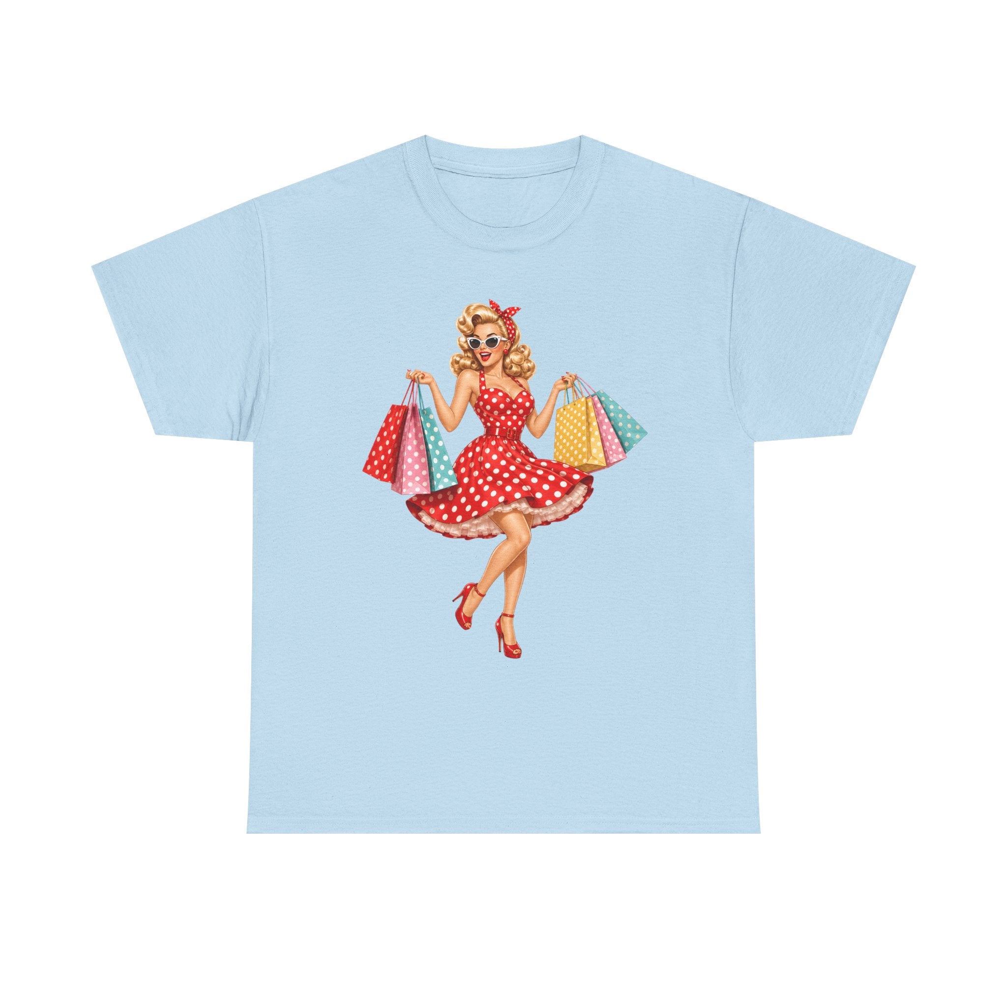 Pinup Shopper Graphic Tee — Retro 1950s Vintage Woman with Shopping Bags