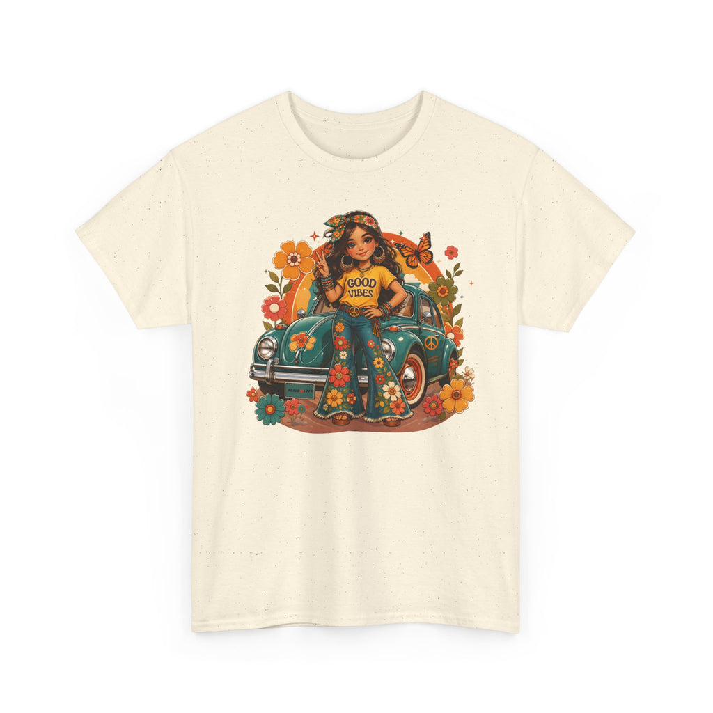 Vintage Floral Hippie Tee – "Good Vibes" Girl in Classic Car