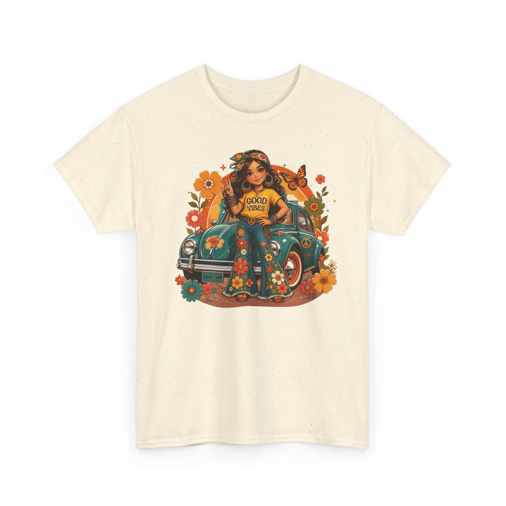 Vintage Floral Hippie Tee – "Good Vibes" Girl in Classic Car