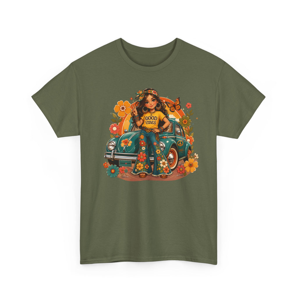 Vintage Floral Hippie Tee – "Good Vibes" Girl in Classic Car