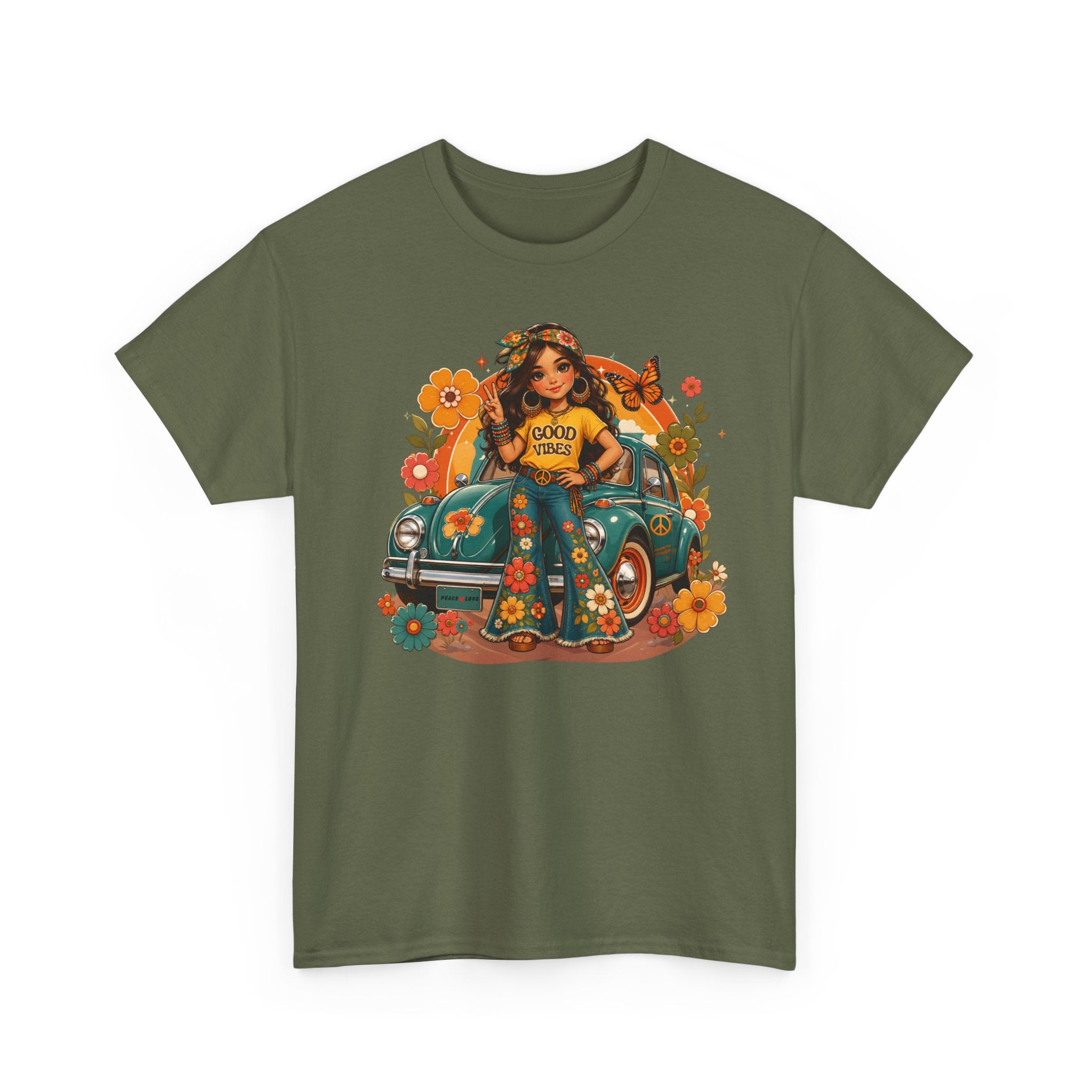 Vintage Floral Hippie Tee – "Good Vibes" Girl in Classic Car