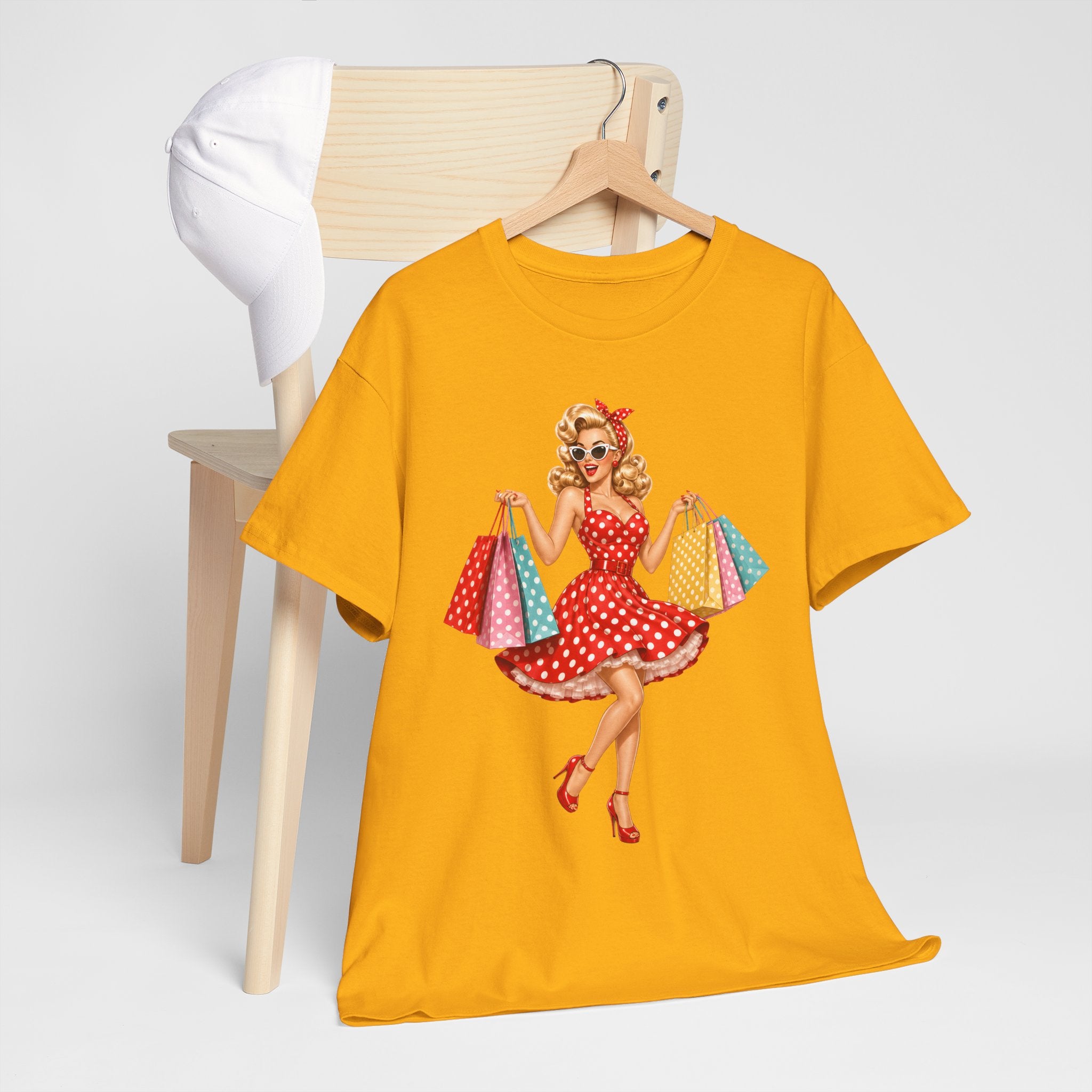 Pinup Shopper Graphic Tee — Retro 1950s Vintage Woman with Shopping Bags