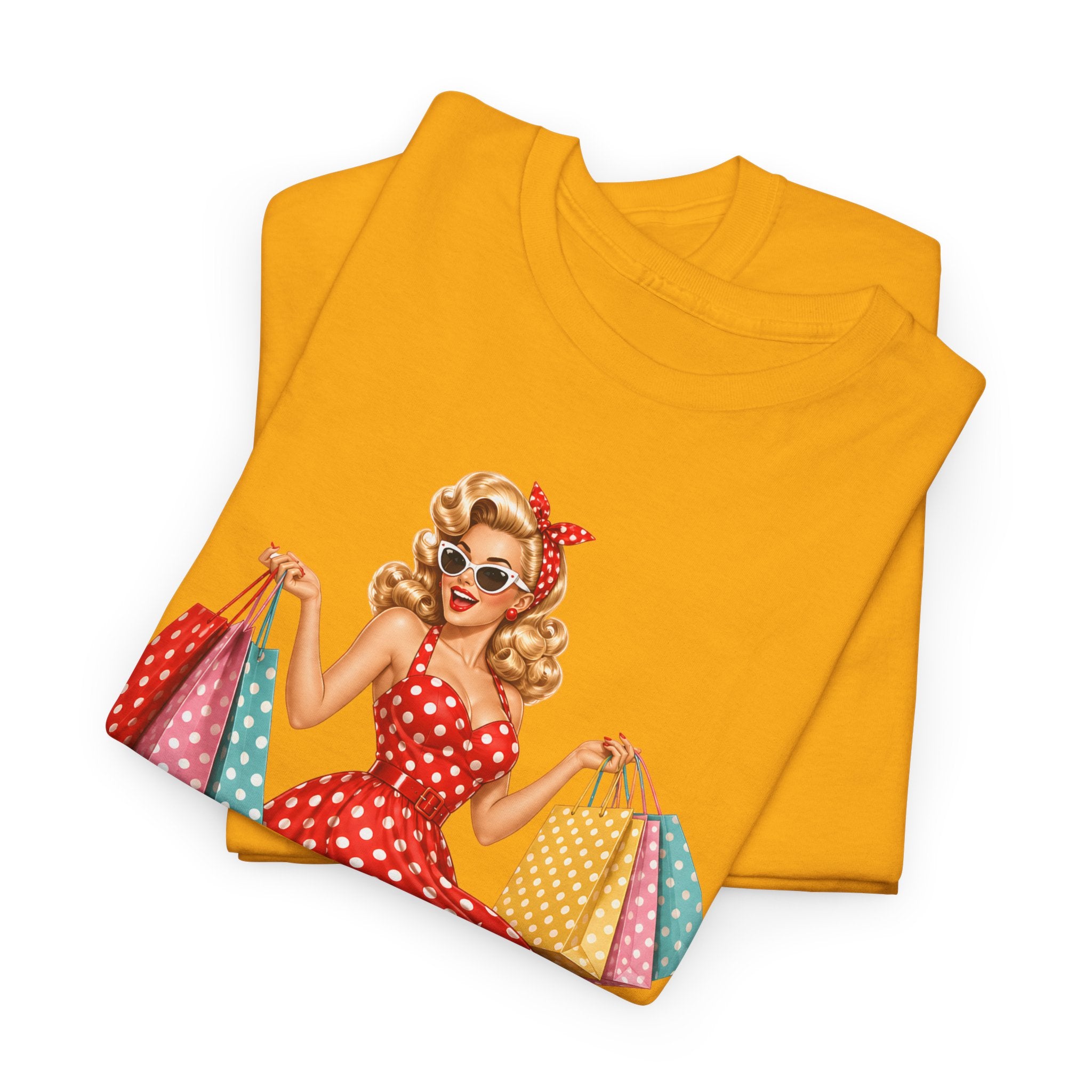 Pinup Shopper Graphic Tee — Retro 1950s Vintage Woman with Shopping Bags