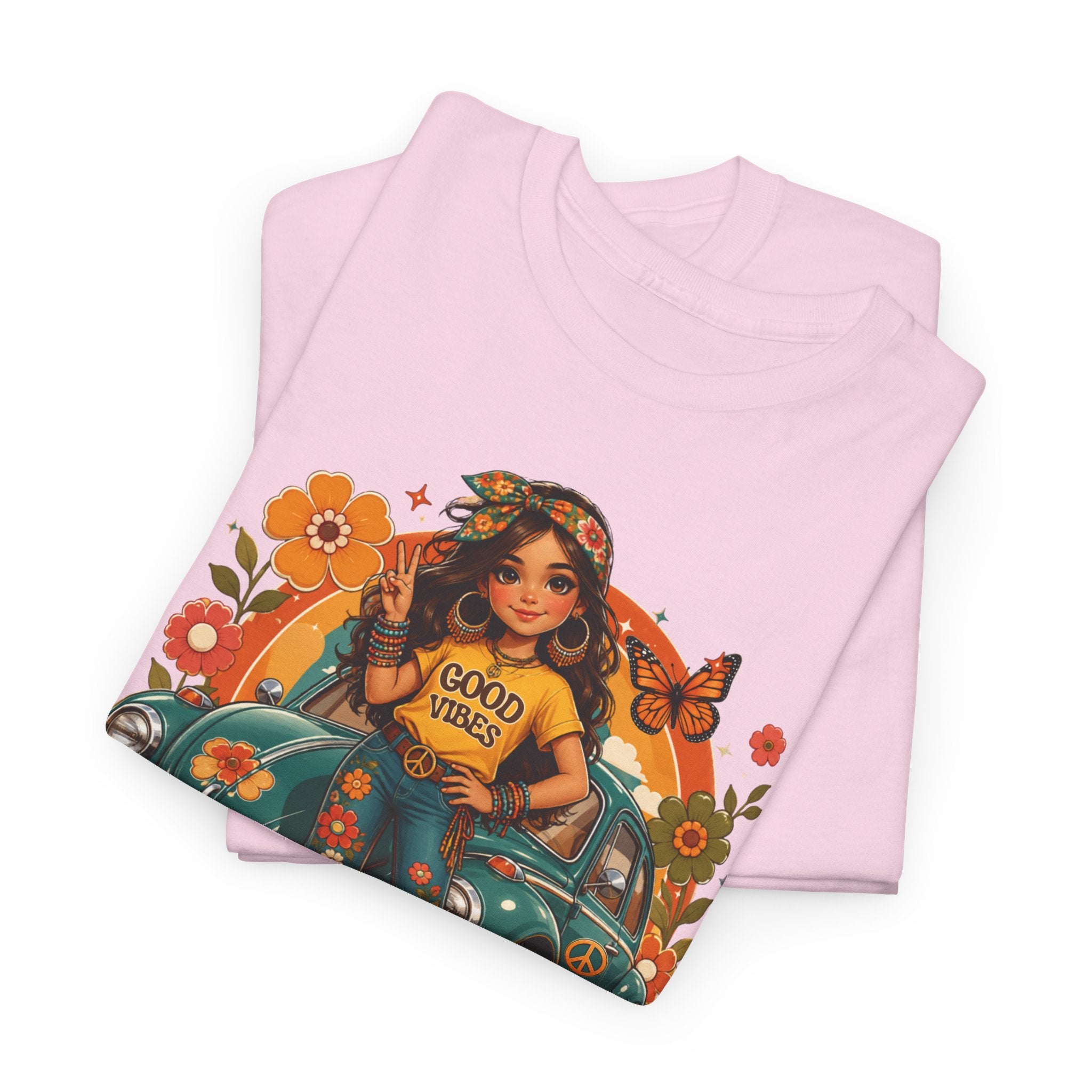 Vintage Floral Hippie Tee – "Good Vibes" Girl in Classic Car