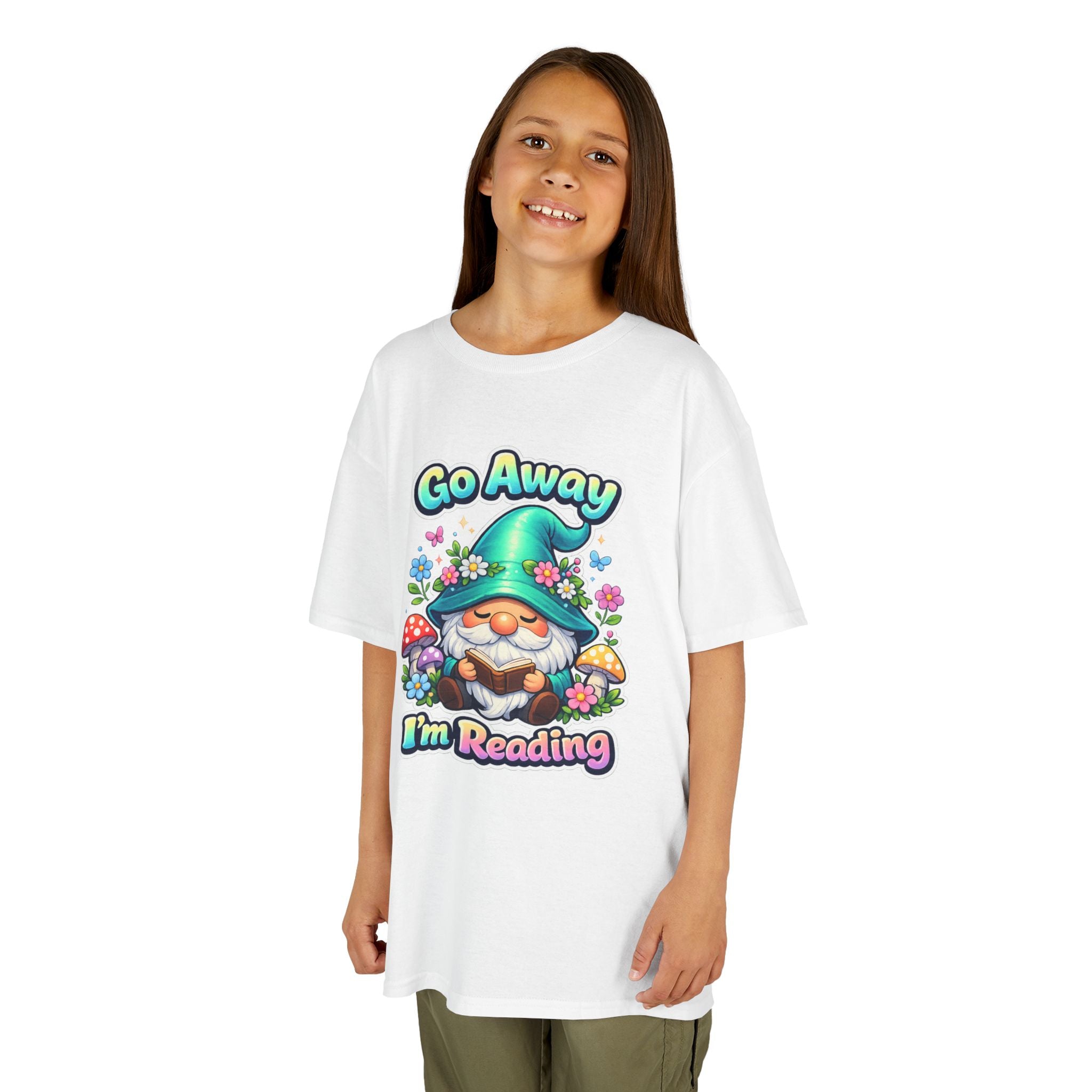 Kids Tee — "Go Away I'm Reading" Gnome Reading Shirt