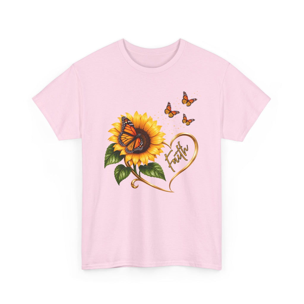 Sunflower & Monarch Butterfly Tee with "Faith" Heart — Inspirational Floral T-Shirt