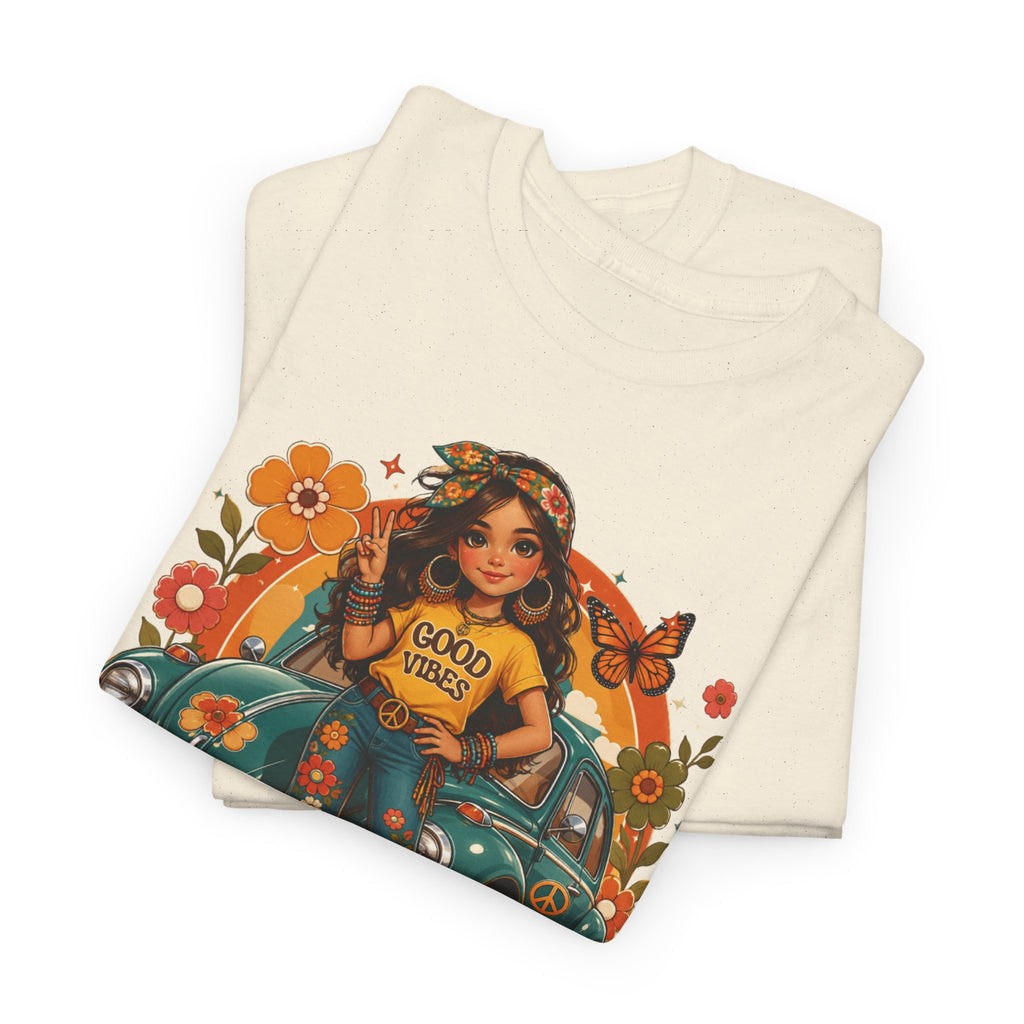 Vintage Floral Hippie Tee – "Good Vibes" Girl in Classic Car