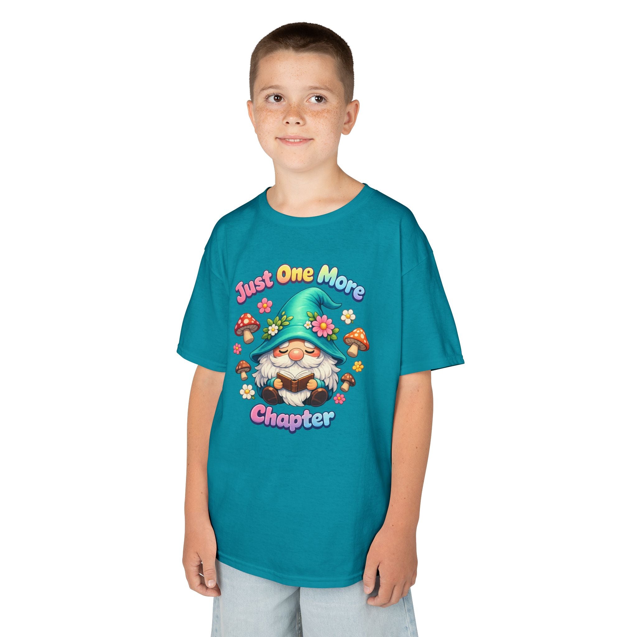 Kids Tee — "Just One More Chapter" Cute Mushroom Gnome Reading Shirt