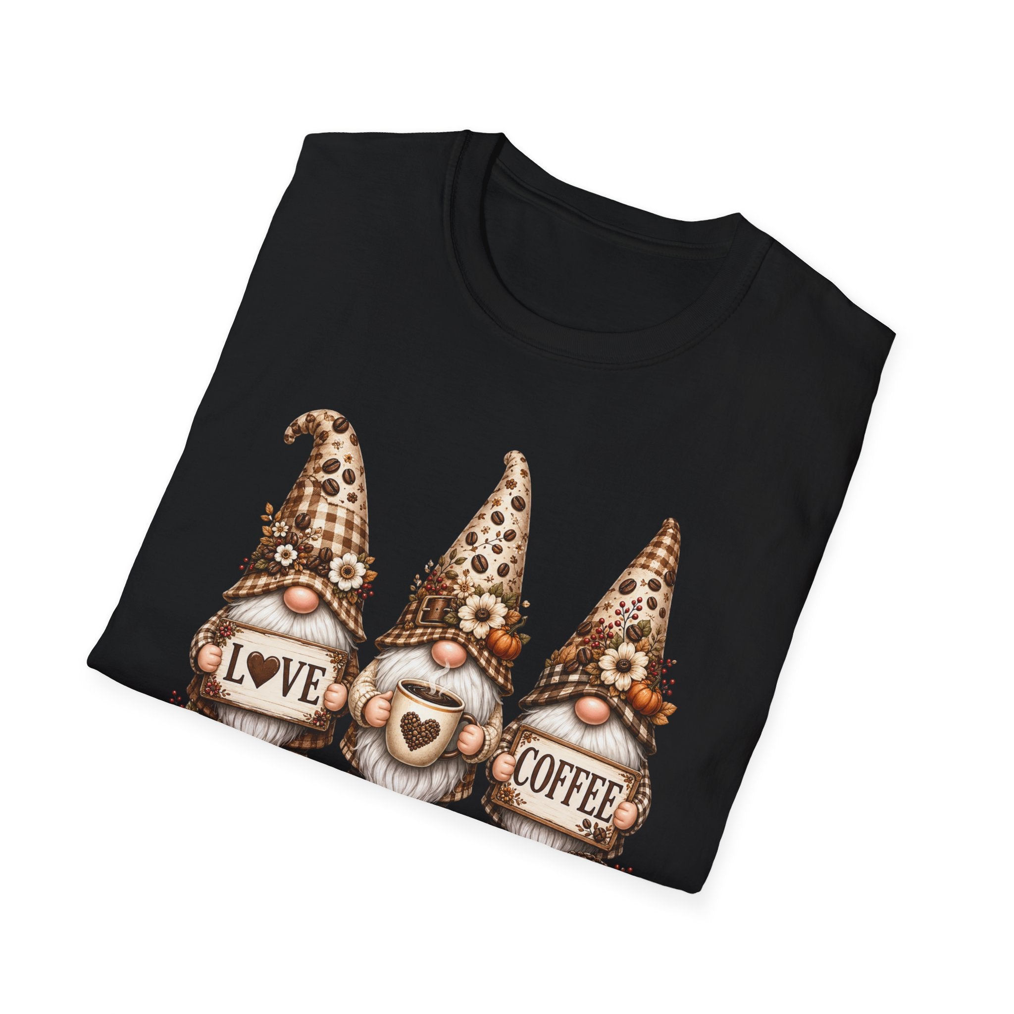 Coffee Gnome Trio T‑Shirt — Love Coffee Cute Autumn Gnomes Graphic Tee