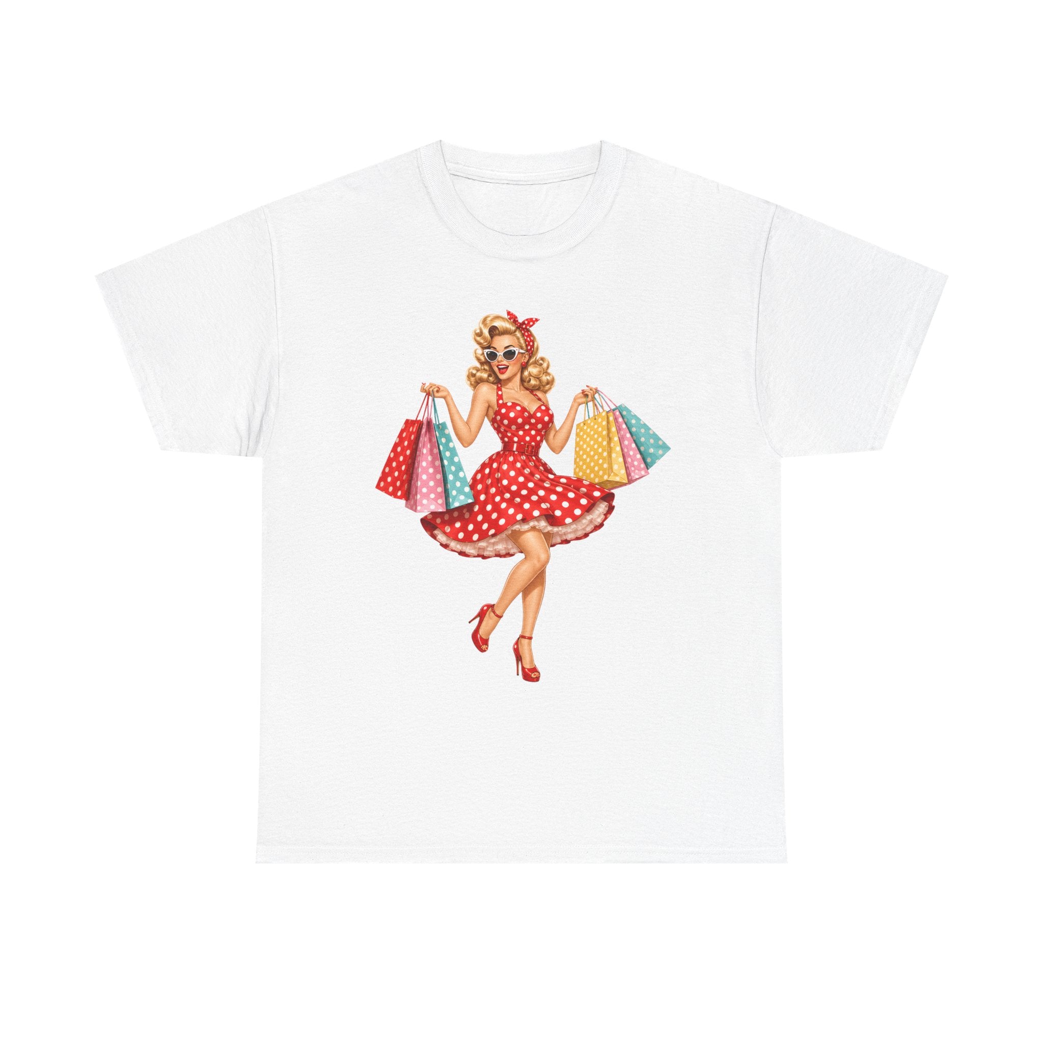Pinup Shopper Graphic Tee — Retro 1950s Vintage Woman with Shopping Bags
