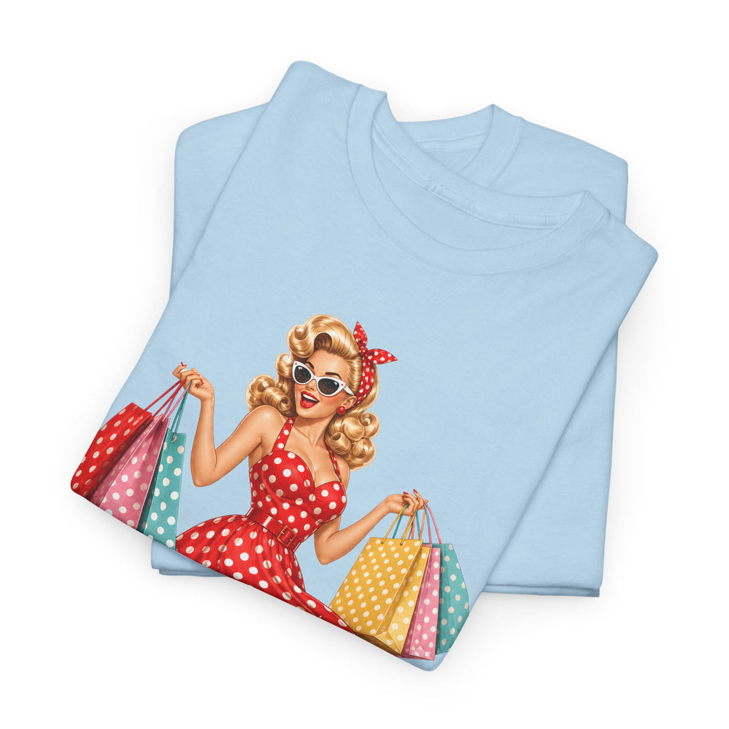 Pinup Shopper Graphic Tee — Retro 1950s Vintage Woman with Shopping Bags
