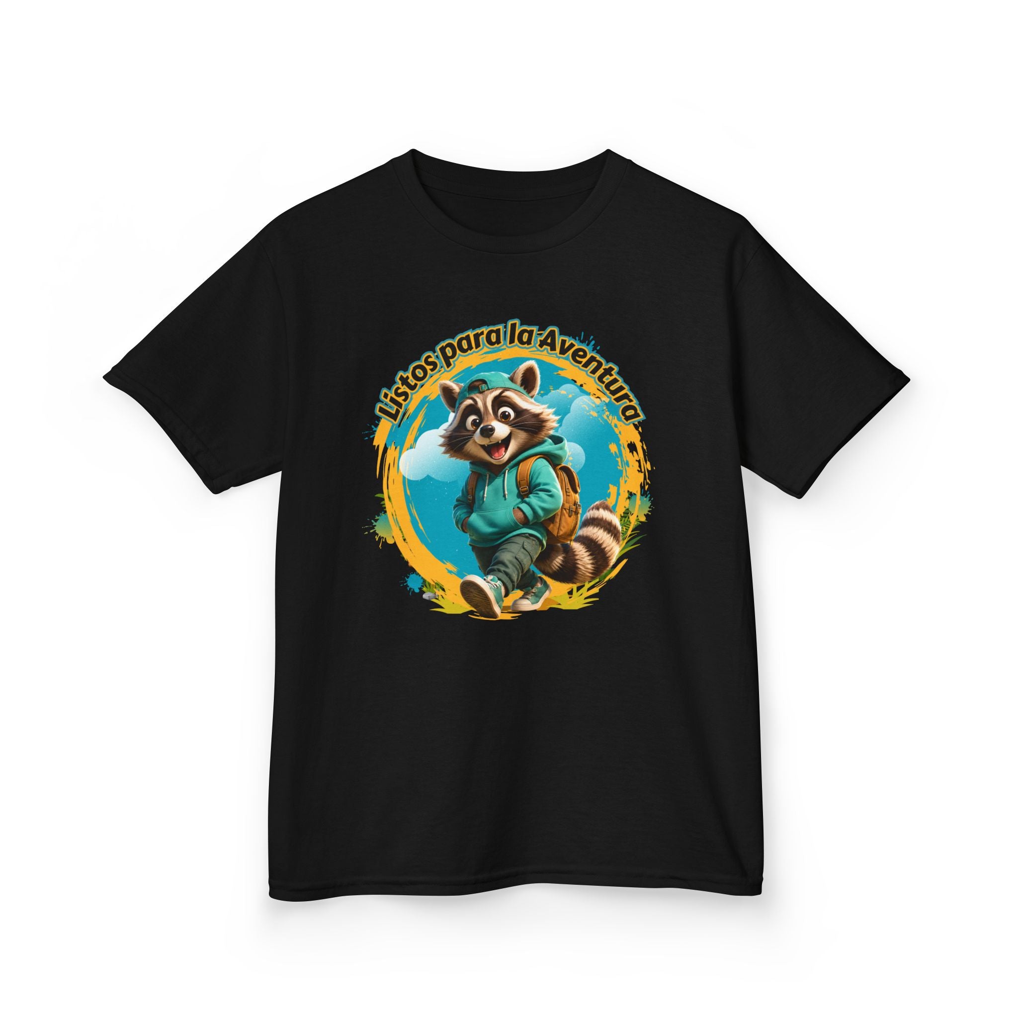 Kids Tee — "Listos para la Aventura" Cute Raccoon Explorer Graphic