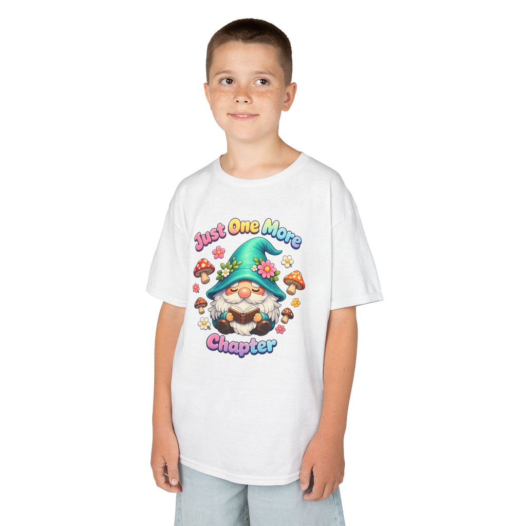 Kids Tee — "Just One More Chapter" Cute Mushroom Gnome Reading Shirt