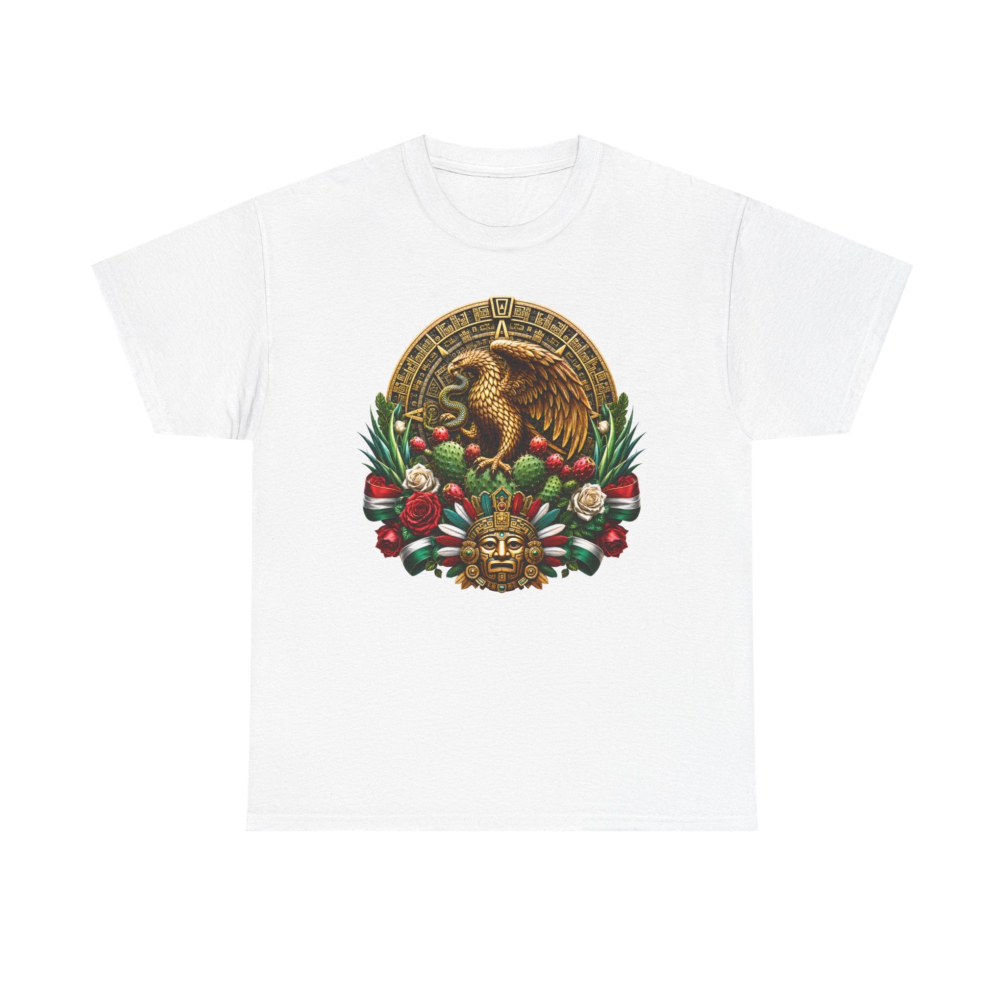 Aztec Eagle Crest T-Shirt — Mexican Heritage Calendar & Floral Graphic Tee