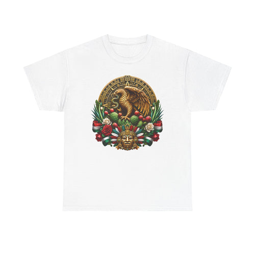 Aztec Eagle Crest T-Shirt — Mexican Heritage Calendar & Floral Graphic Tee