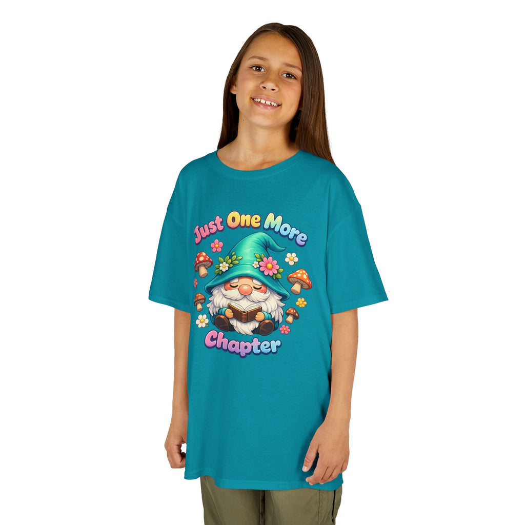 Kids Tee — "Just One More Chapter" Cute Mushroom Gnome Reading Shirt