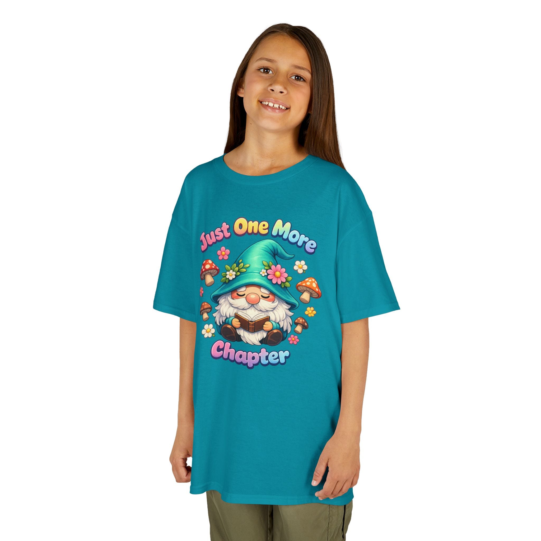 Kids Tee — "Just One More Chapter" Cute Mushroom Gnome Reading Shirt