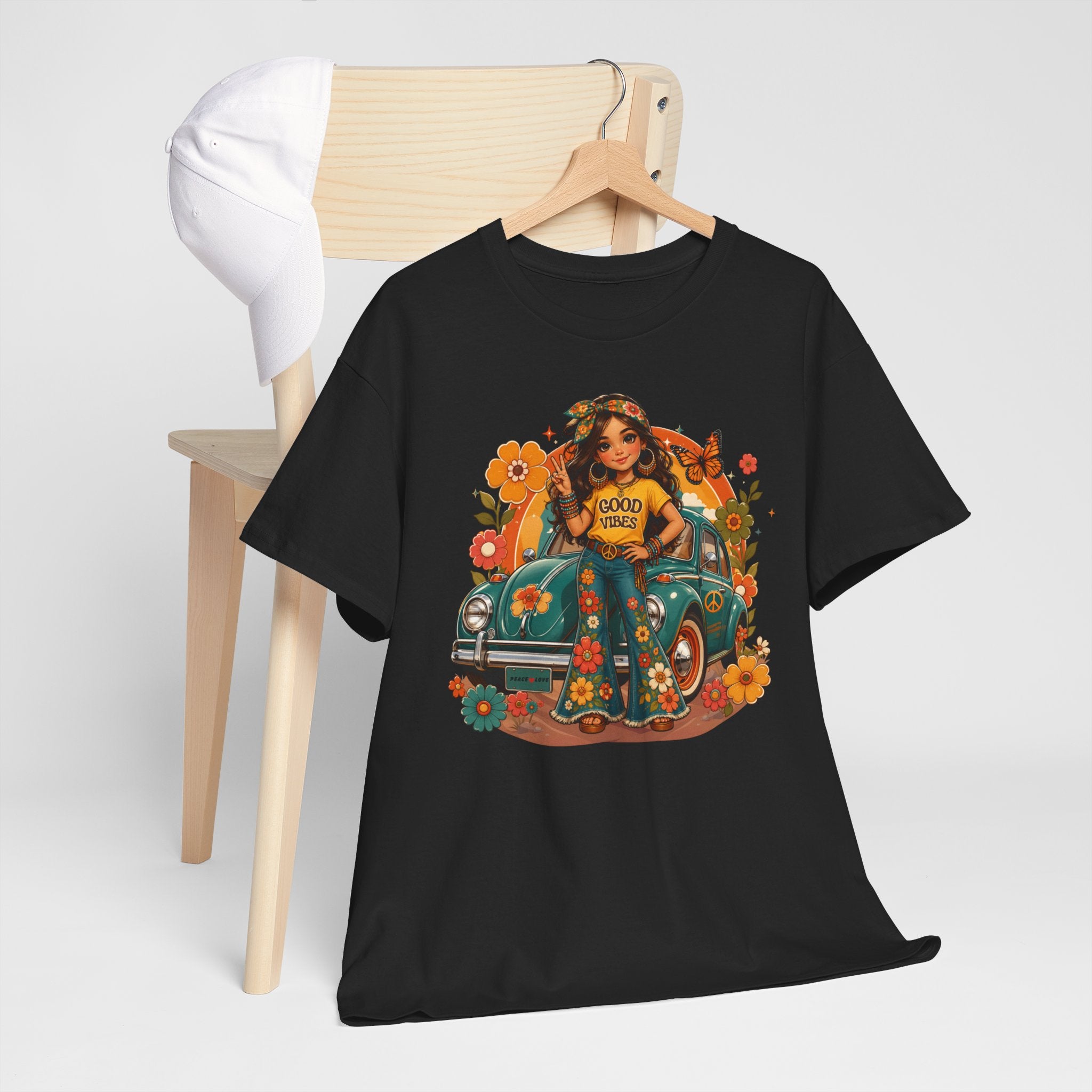 Vintage Floral Hippie Tee – "Good Vibes" Girl in Classic Car