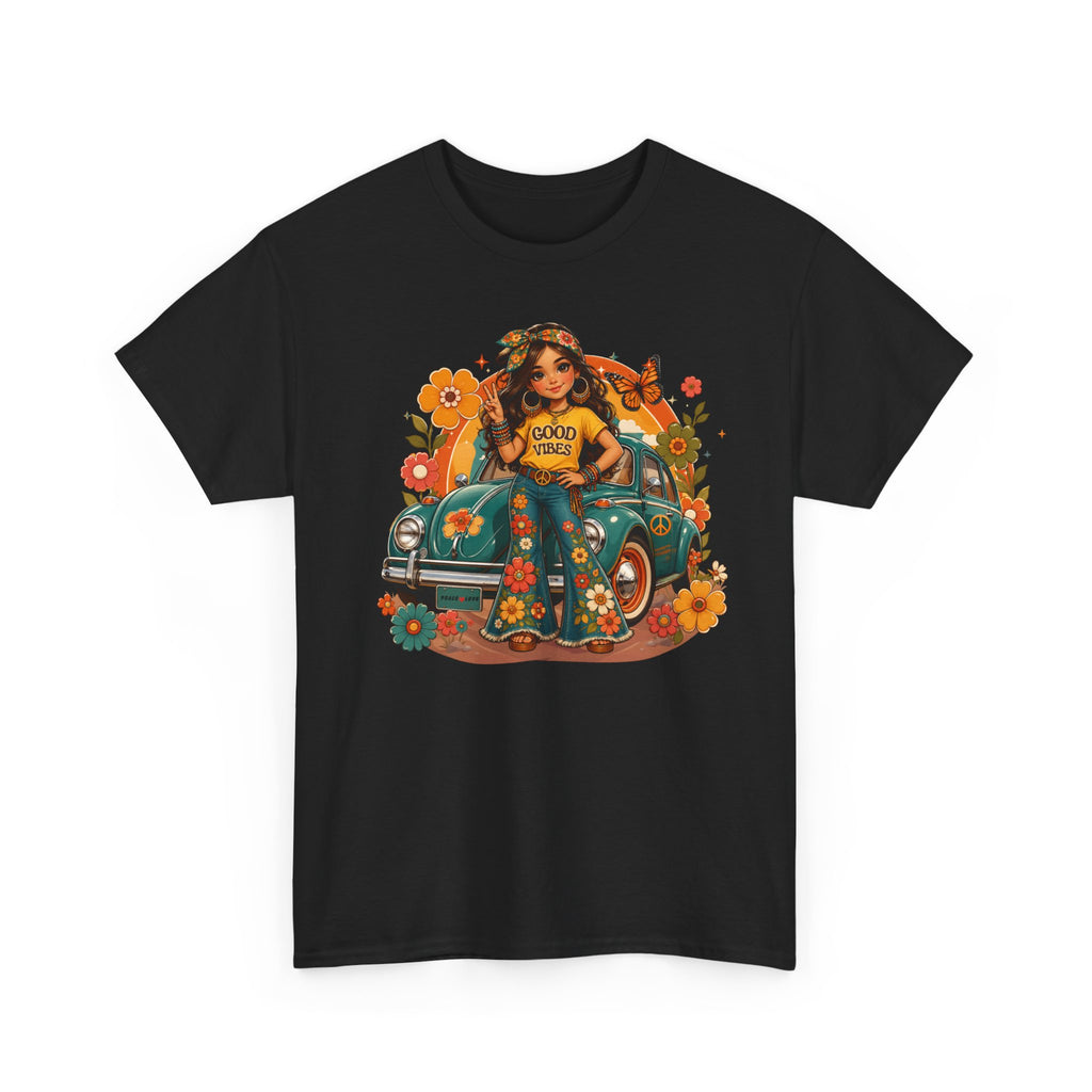 Vintage Floral Hippie Tee – "Good Vibes" Girl in Classic Car