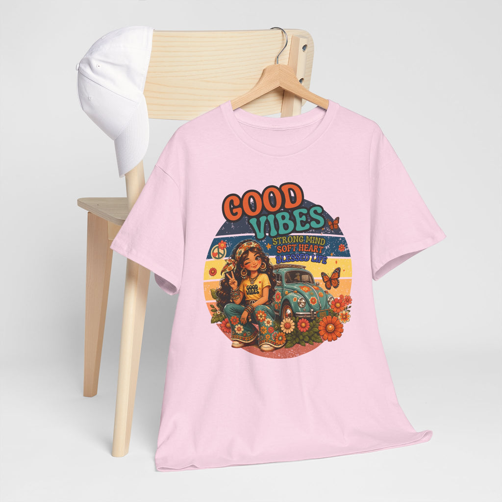 Good Vibes Vintage Tee – Retro Hippie Car & Flowers Graphic T‑Shirt