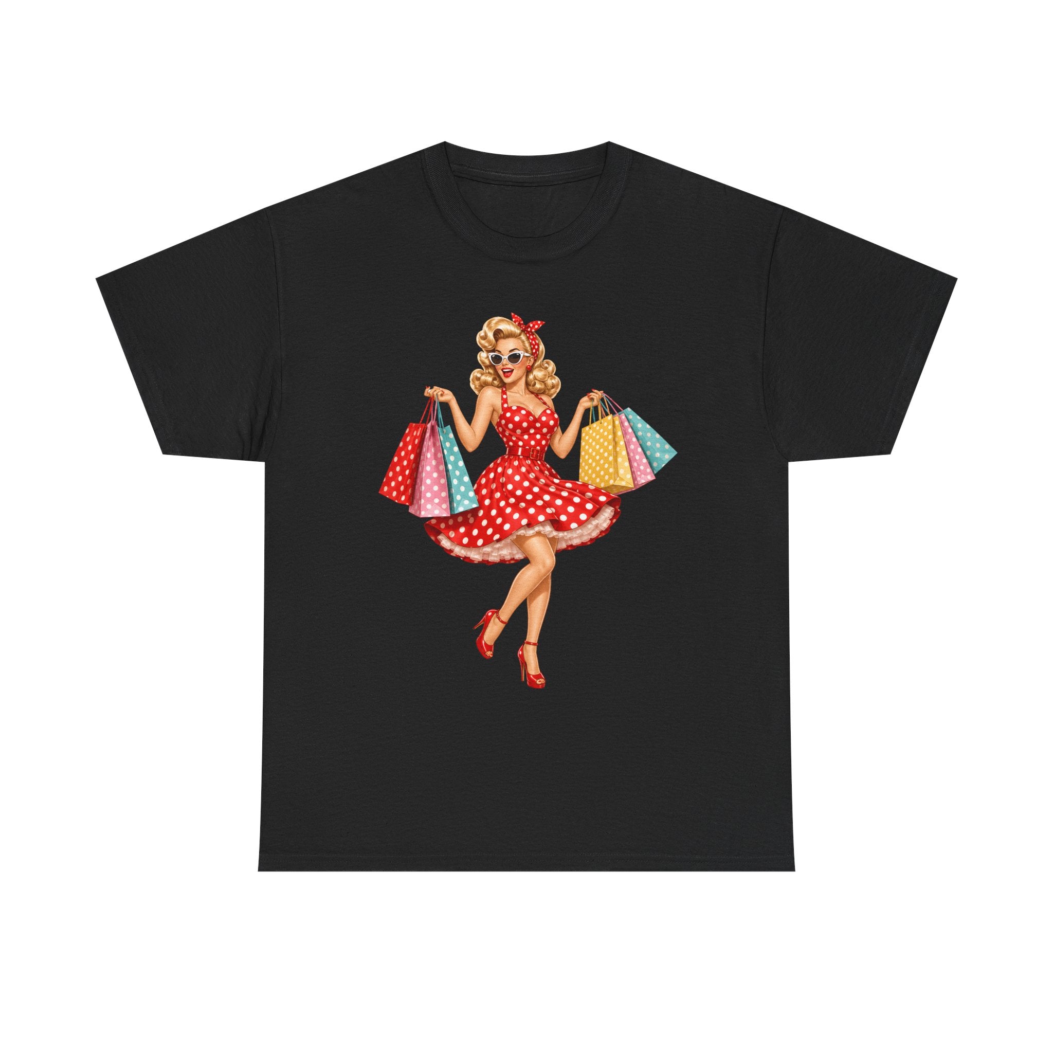 Pinup Shopper Graphic Tee — Retro 1950s Vintage Woman with Shopping Bags