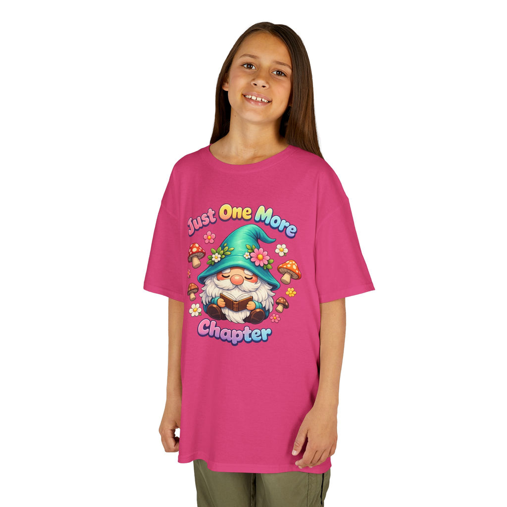Kids Tee — "Just One More Chapter" Cute Mushroom Gnome Reading Shirt