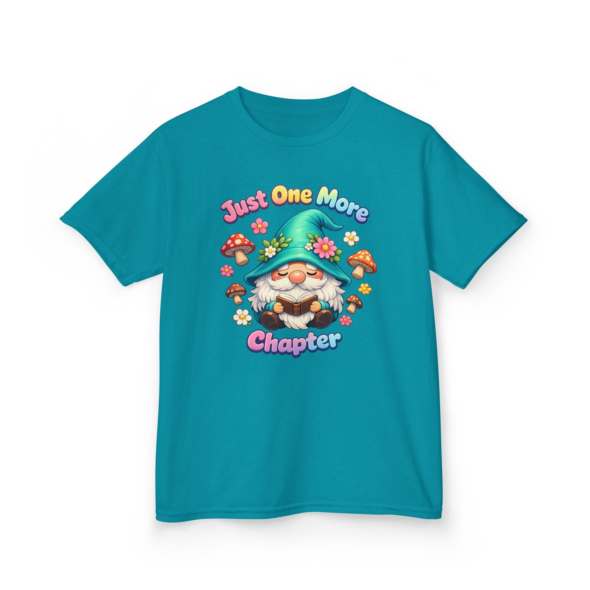 Kids Tee — "Just One More Chapter" Cute Mushroom Gnome Reading Shirt