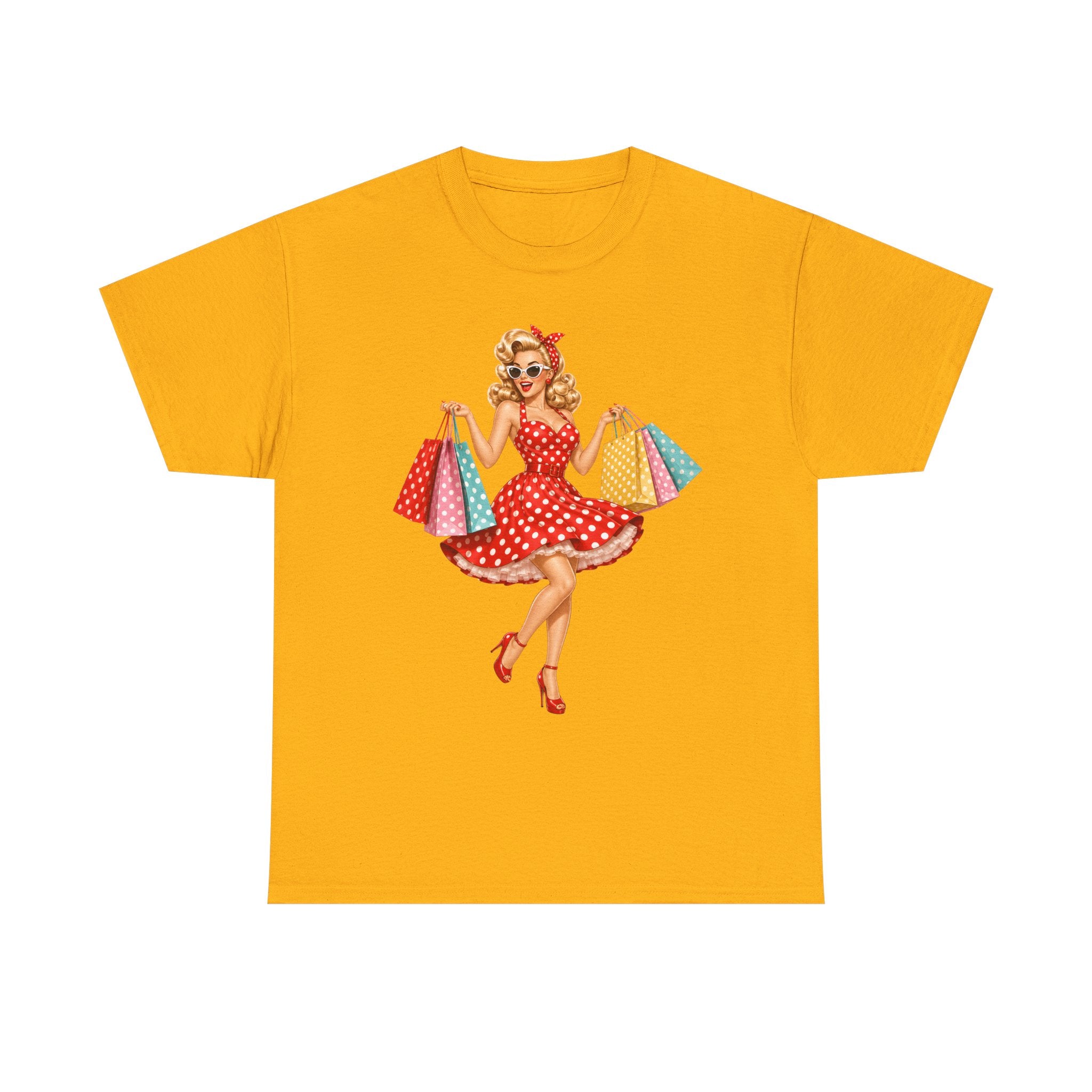 Pinup Shopper Graphic Tee — Retro 1950s Vintage Woman with Shopping Bags