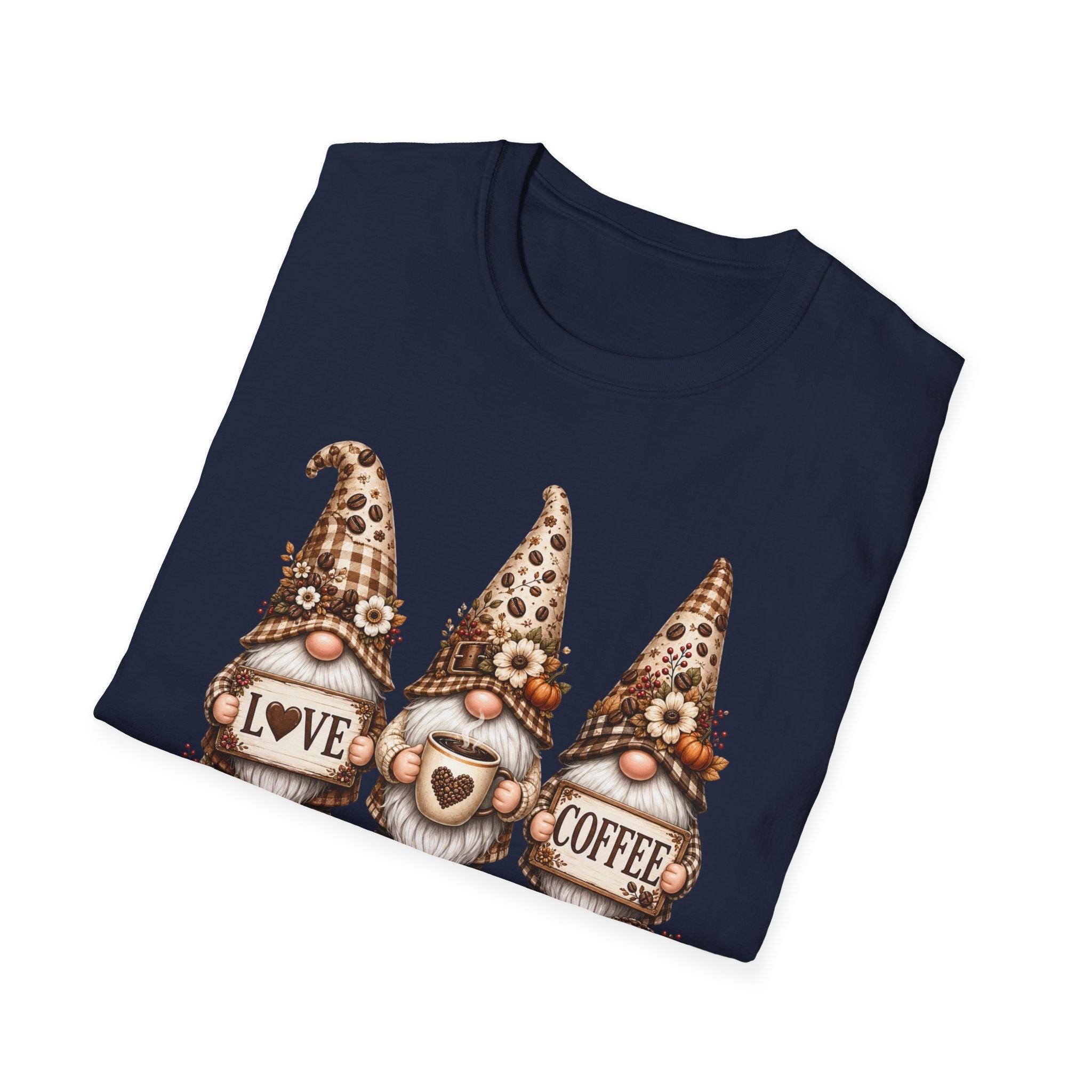 Coffee Gnome Trio T‑Shirt — Love Coffee Cute Autumn Gnomes Graphic Tee