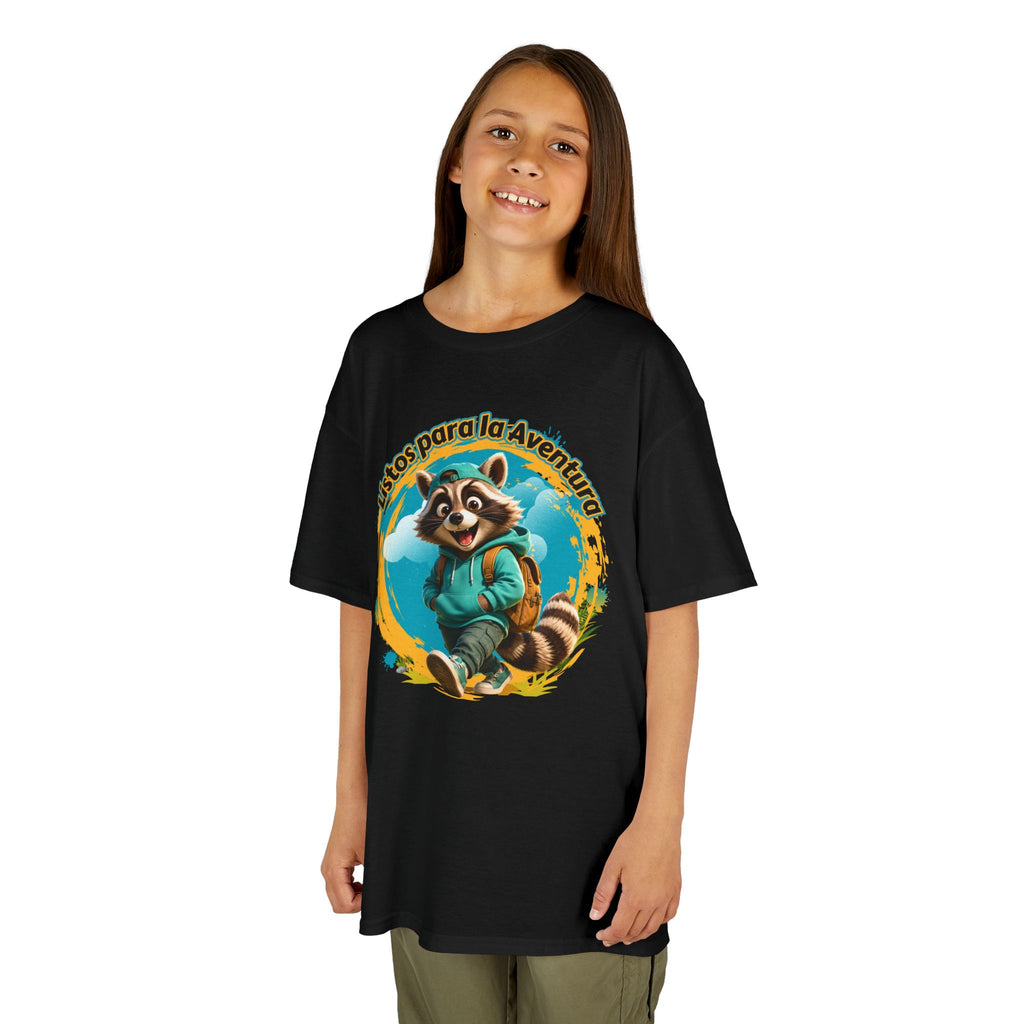 Kids Tee — "Listos para la Aventura" Cute Raccoon Explorer Graphic