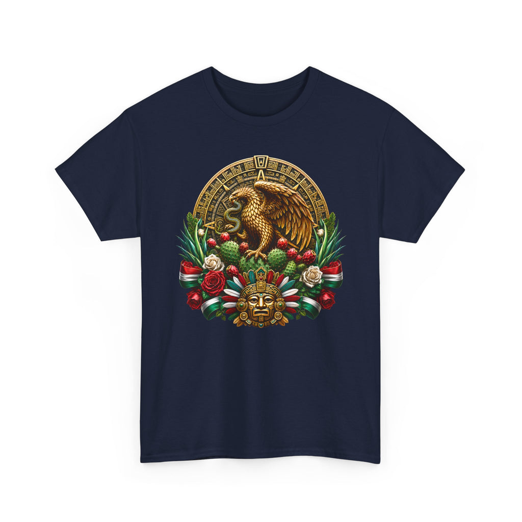 Aztec Eagle Crest T-Shirt — Mexican Heritage Calendar & Floral Graphic Tee