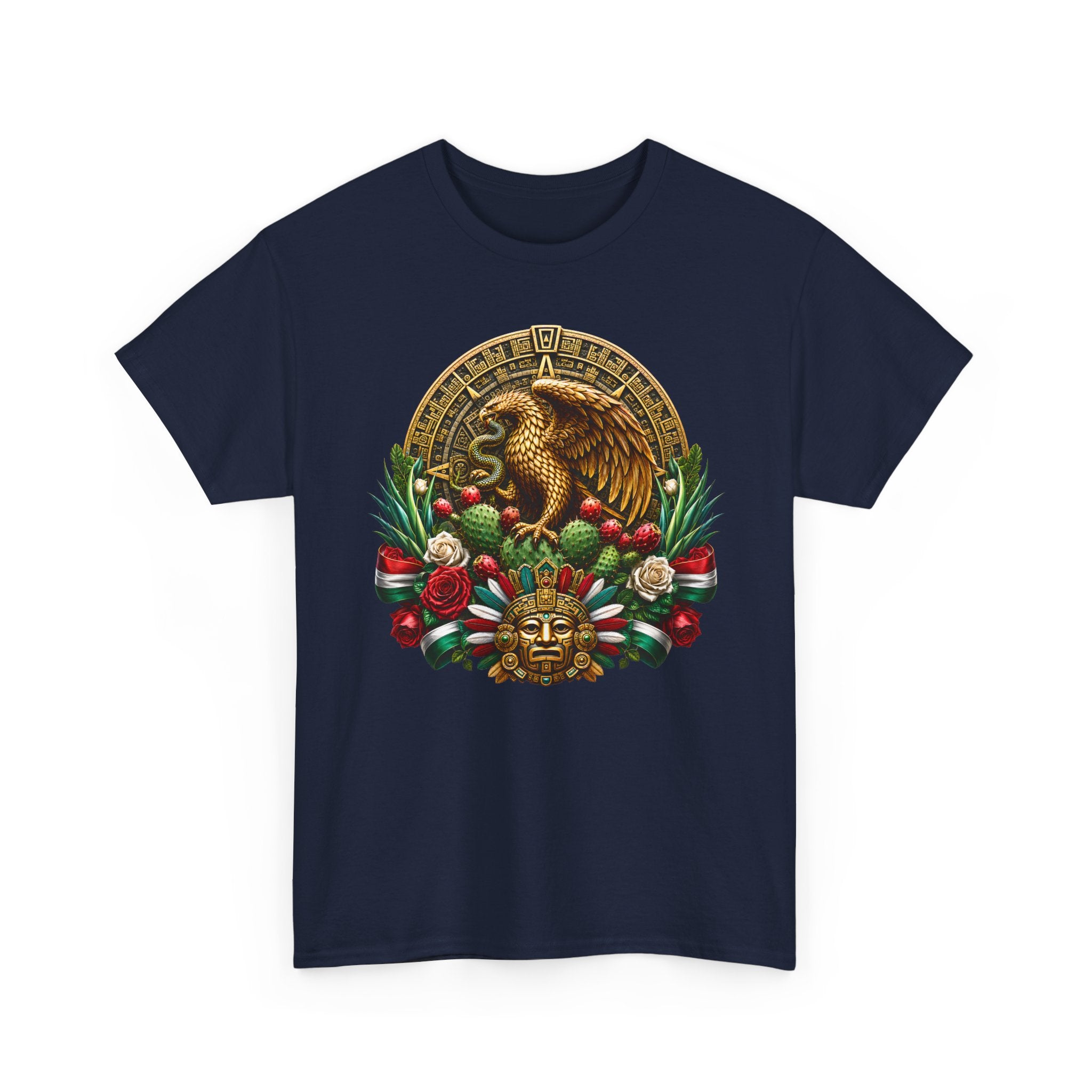 Aztec Eagle Crest T-Shirt — Mexican Heritage Calendar & Floral Graphic Tee