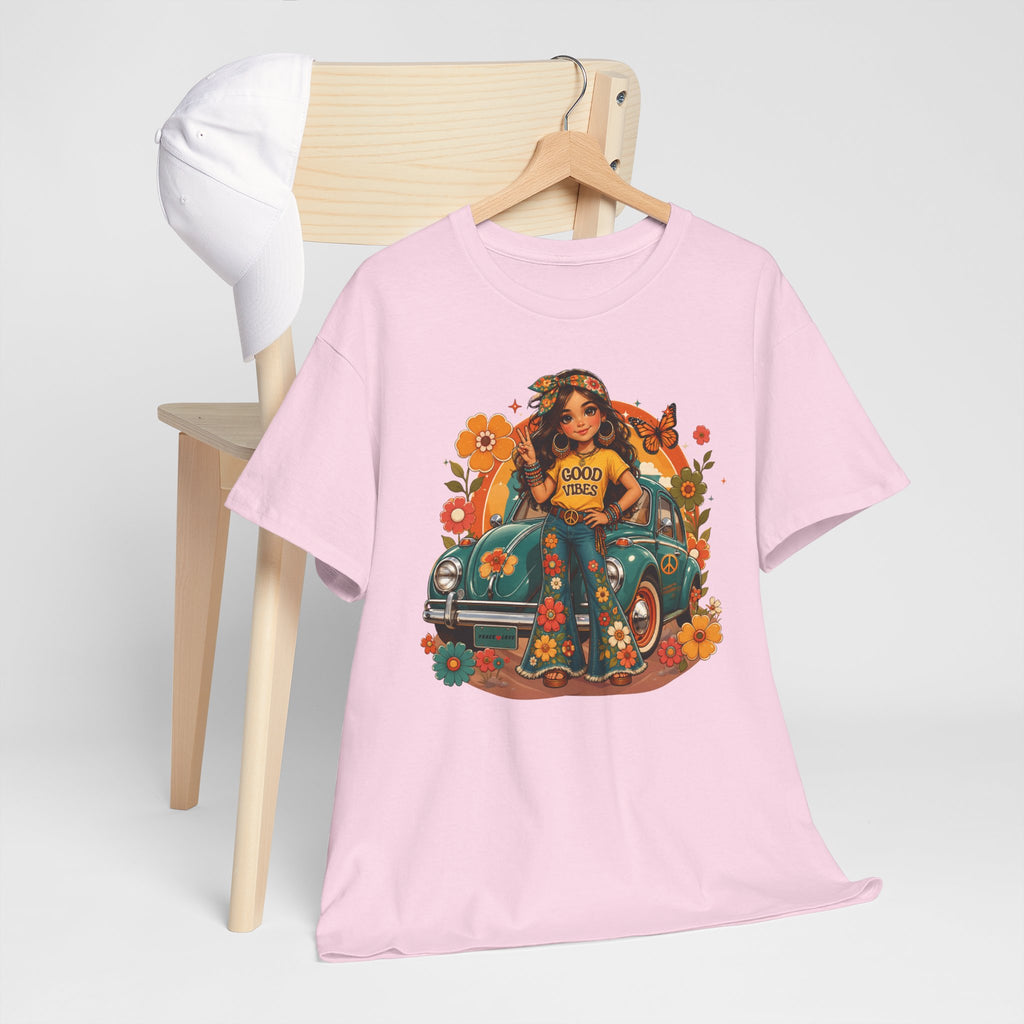Vintage Floral Hippie Tee – "Good Vibes" Girl in Classic Car