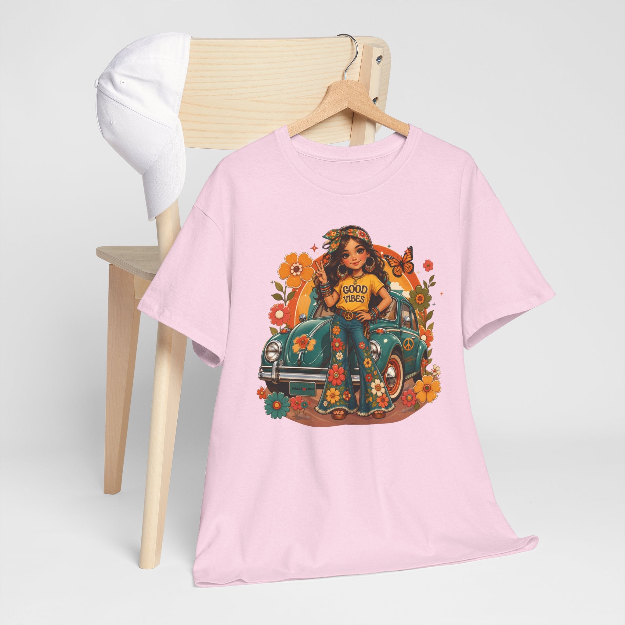 Vintage Floral Hippie Tee – "Good Vibes" Girl in Classic Car