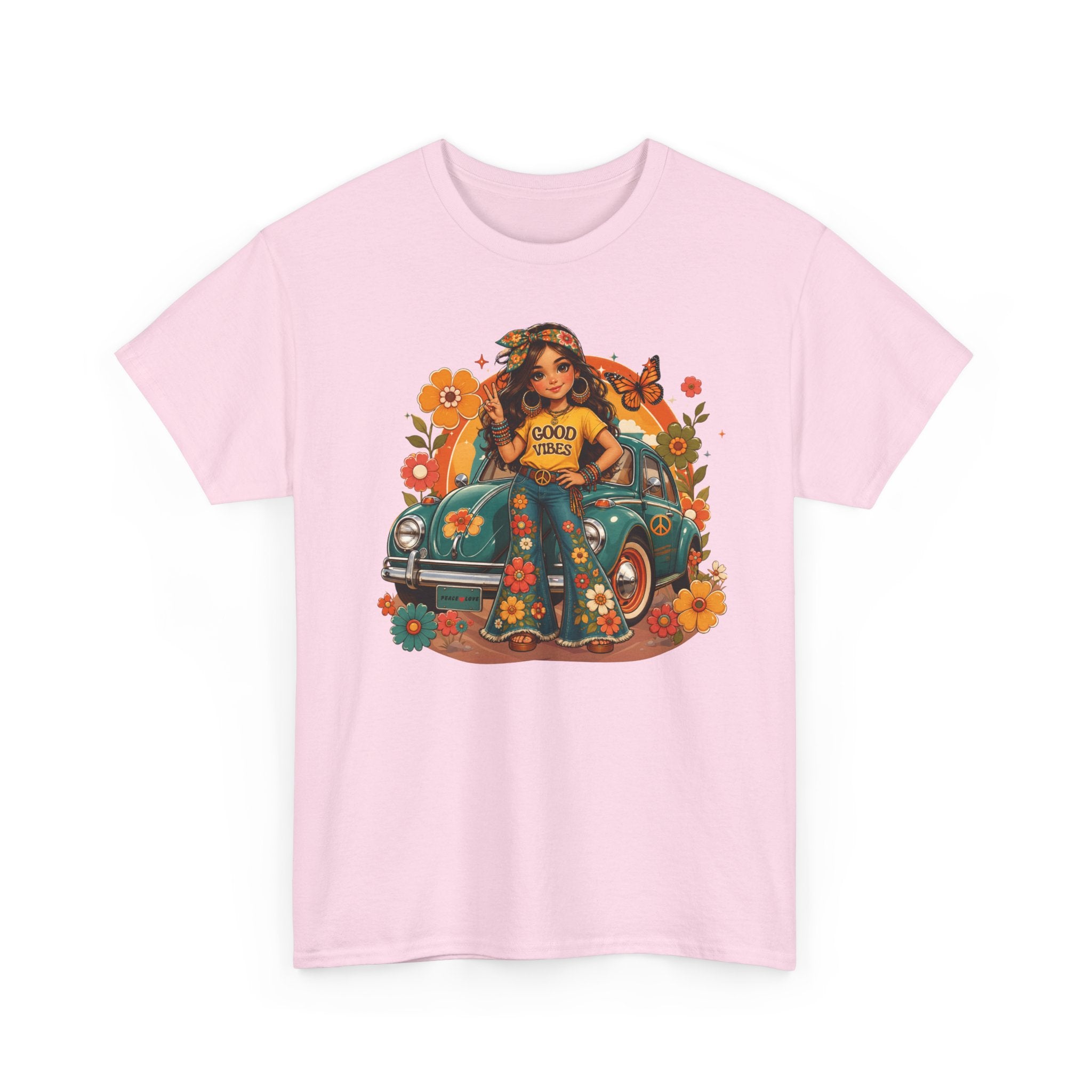 Vintage Floral Hippie Tee – "Good Vibes" Girl in Classic Car
