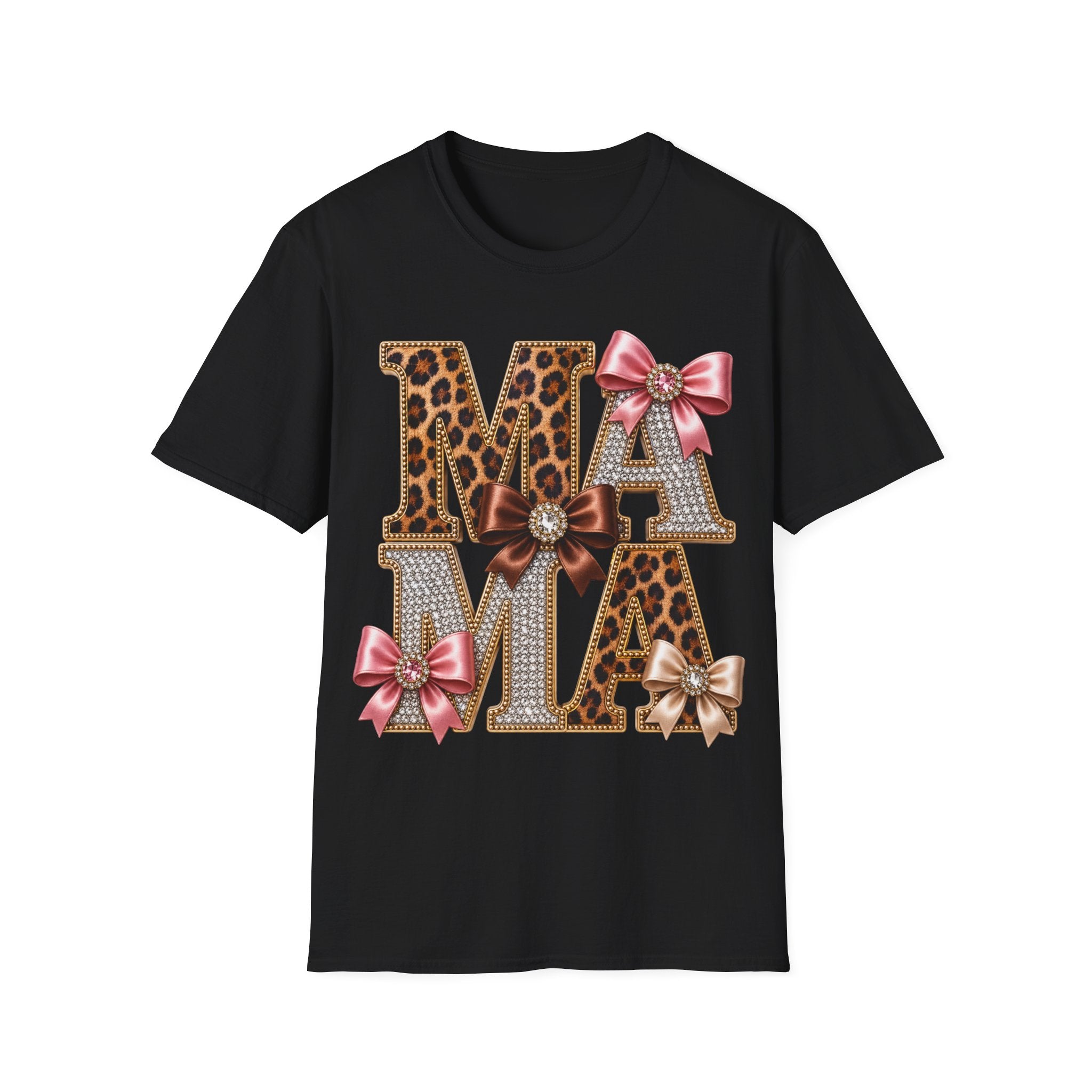 Mama Leopard & Bow T-Shirt — Sparkle Rhinestone Floral Mom Tee