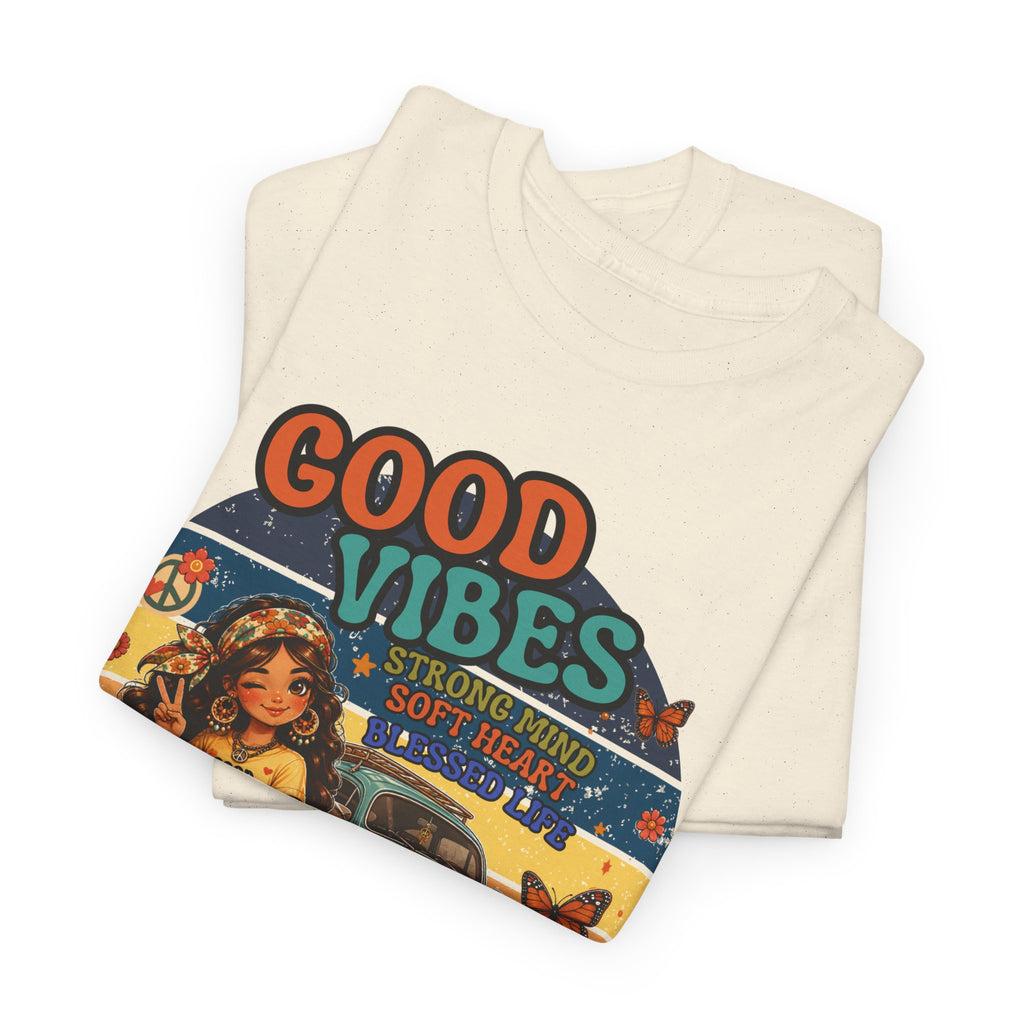 Good Vibes Vintage Tee – Retro Hippie Car & Flowers Graphic T‑Shirt