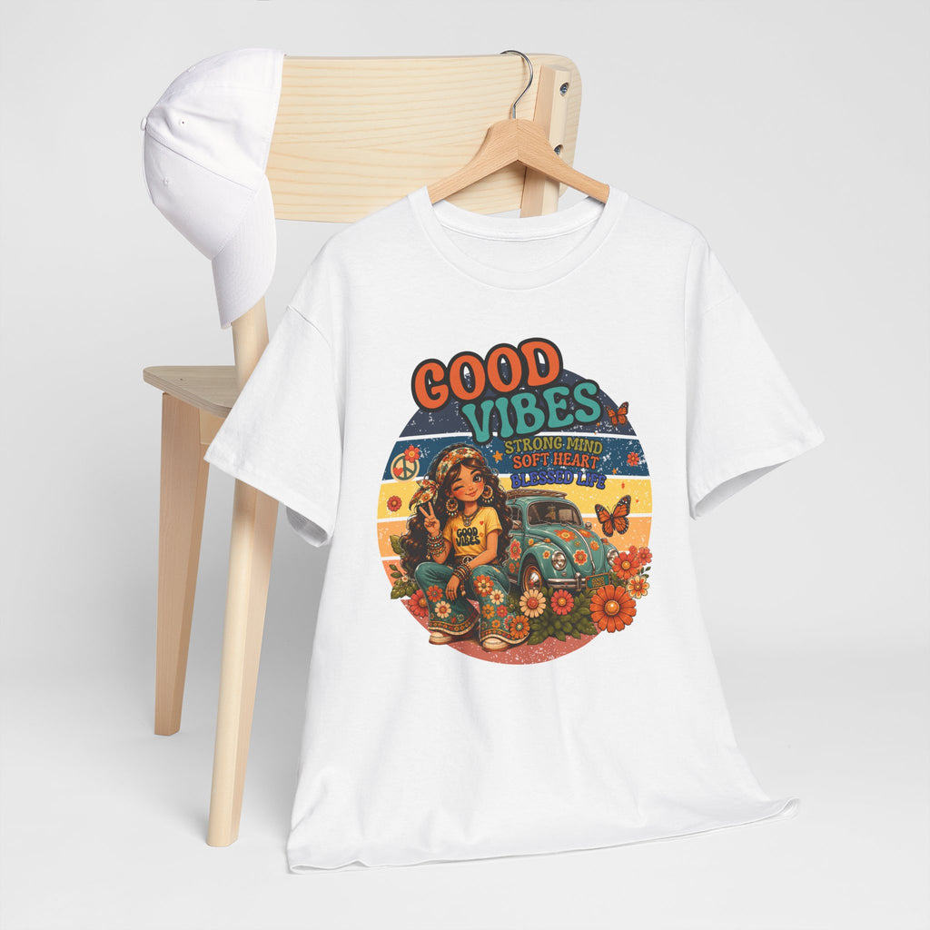 Good Vibes Vintage Tee – Retro Hippie Car & Flowers Graphic T‑Shirt