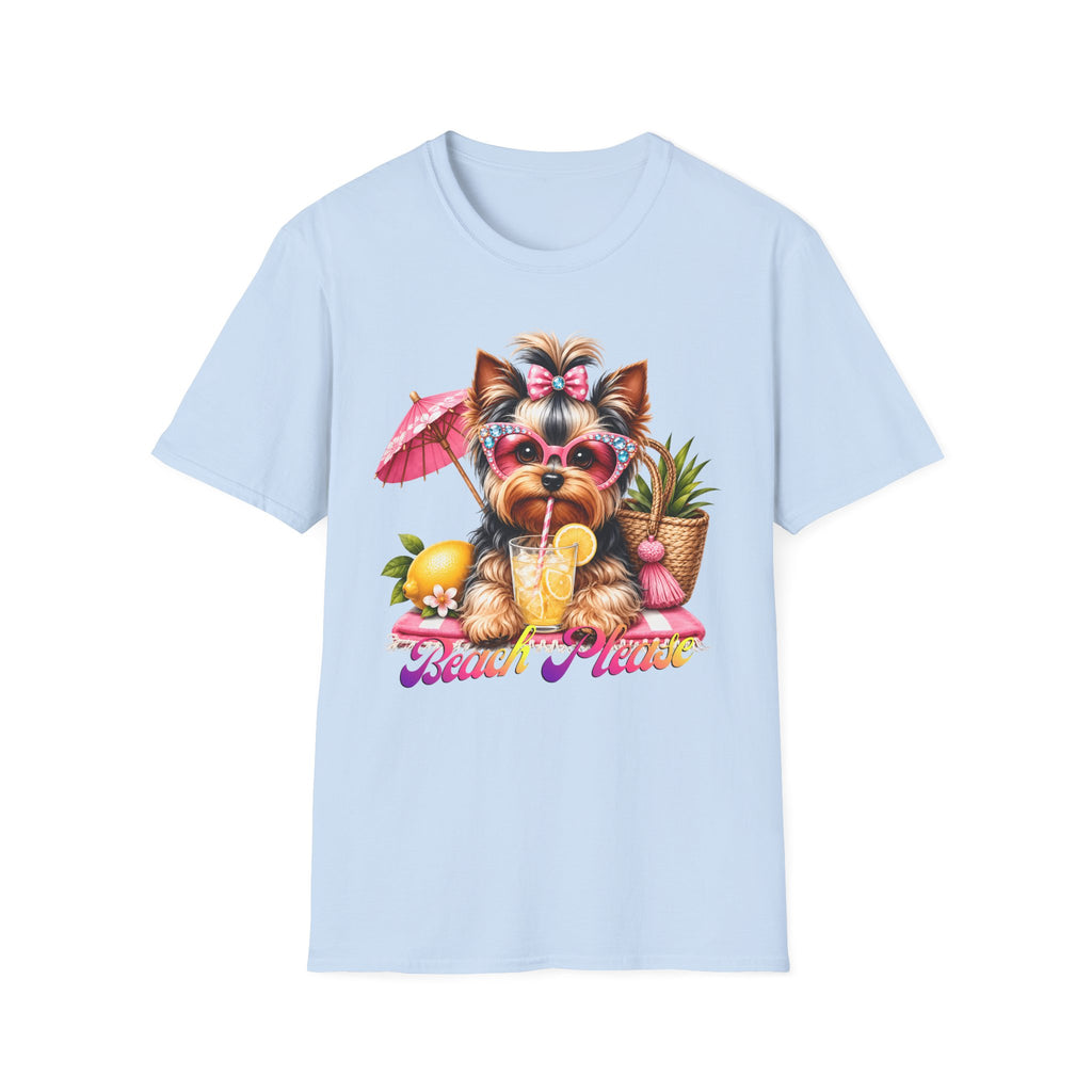 Yorkie Beach T-Shirt — "Beach Please" Cute Dog Summer Graphic Tee