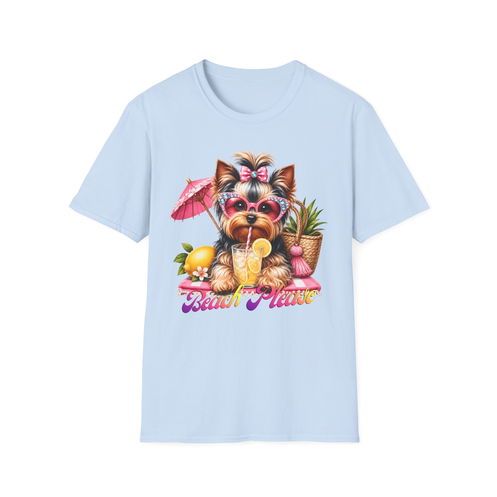 Yorkie Beach T-Shirt — "Beach Please" Cute Dog Summer Graphic Tee