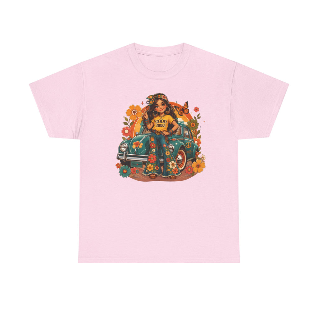 Vintage Floral Hippie Tee – "Good Vibes" Girl in Classic Car