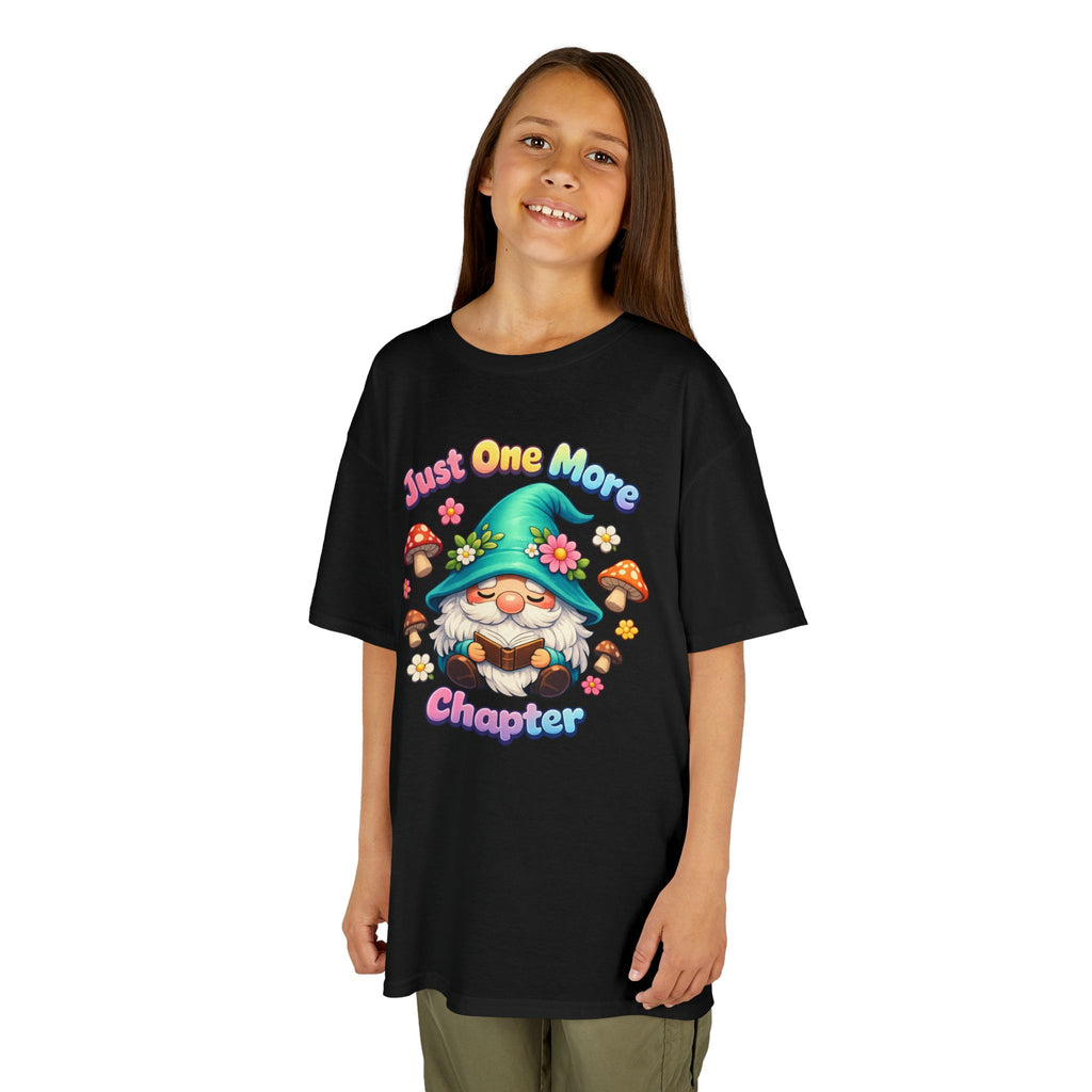 Kids Tee — "Just One More Chapter" Cute Mushroom Gnome Reading Shirt