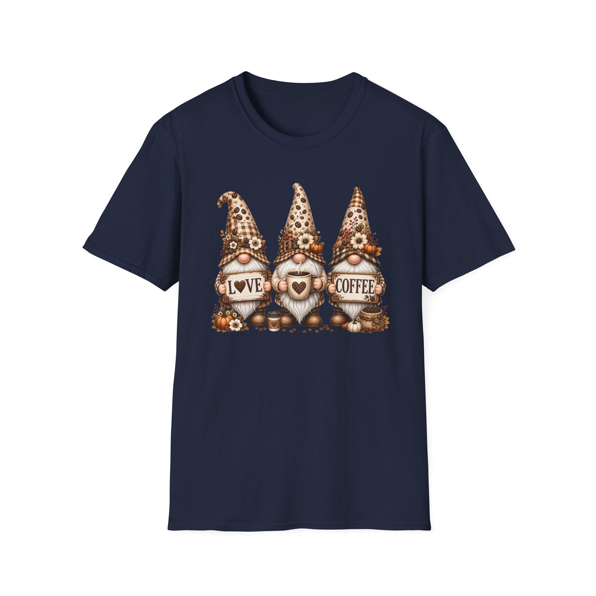 Coffee Gnome Trio T‑Shirt — Love Coffee Cute Autumn Gnomes Graphic Tee