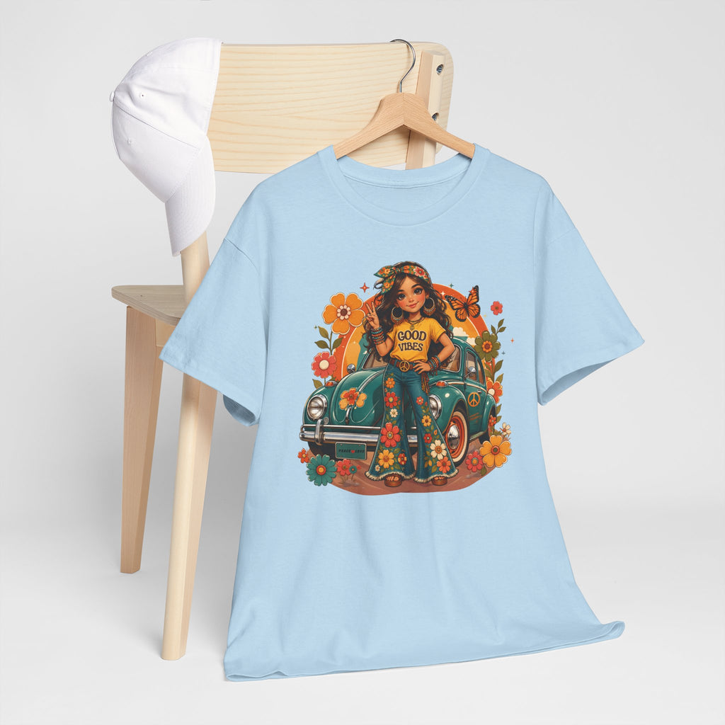 Vintage Floral Hippie Tee – "Good Vibes" Girl in Classic Car