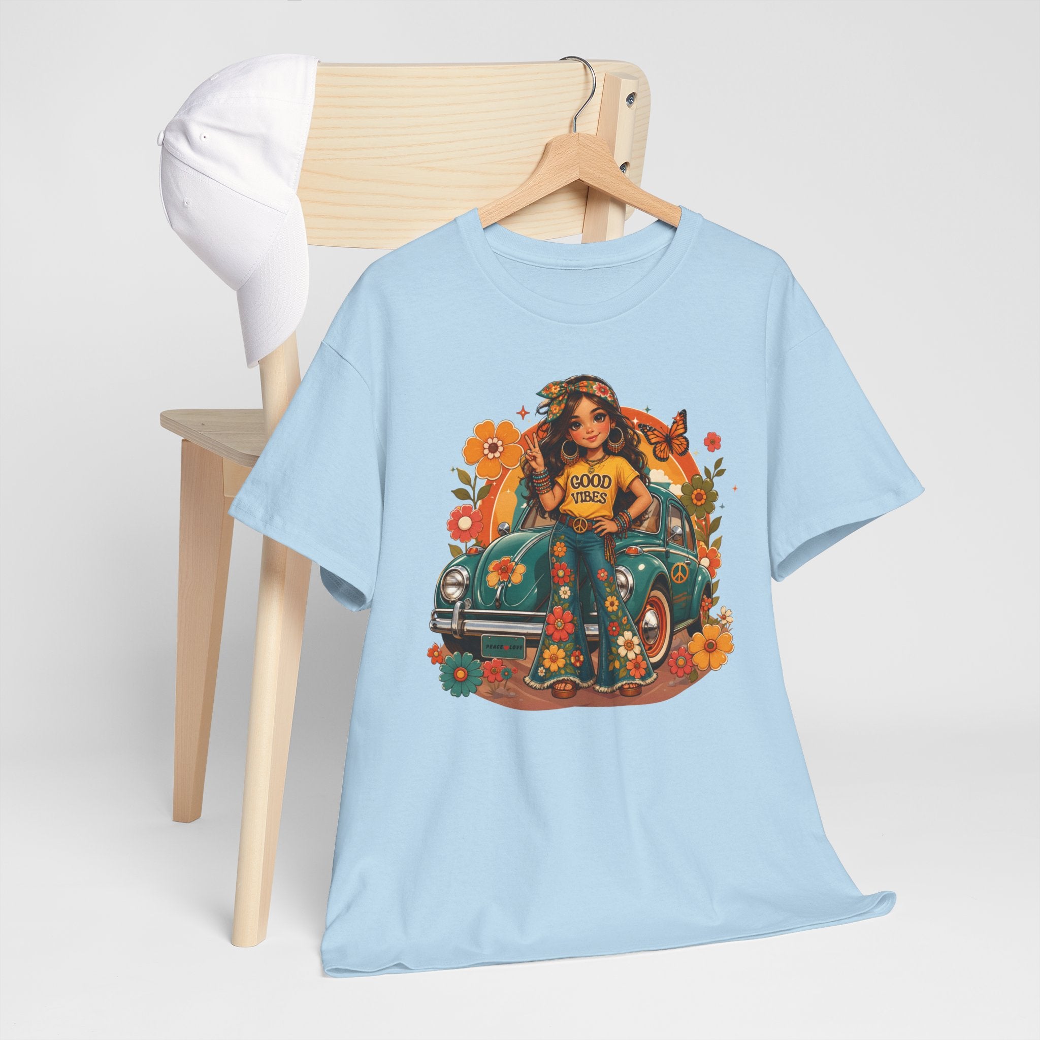 Vintage Floral Hippie Tee – "Good Vibes" Girl in Classic Car